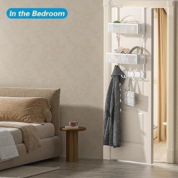 Over The Door Hooks, Door Hanger Towel Rack with 2 Basket, Over The Door Coat Rack, Back of Door Storage for Bedroom, Kitchen, Bathroom(White)