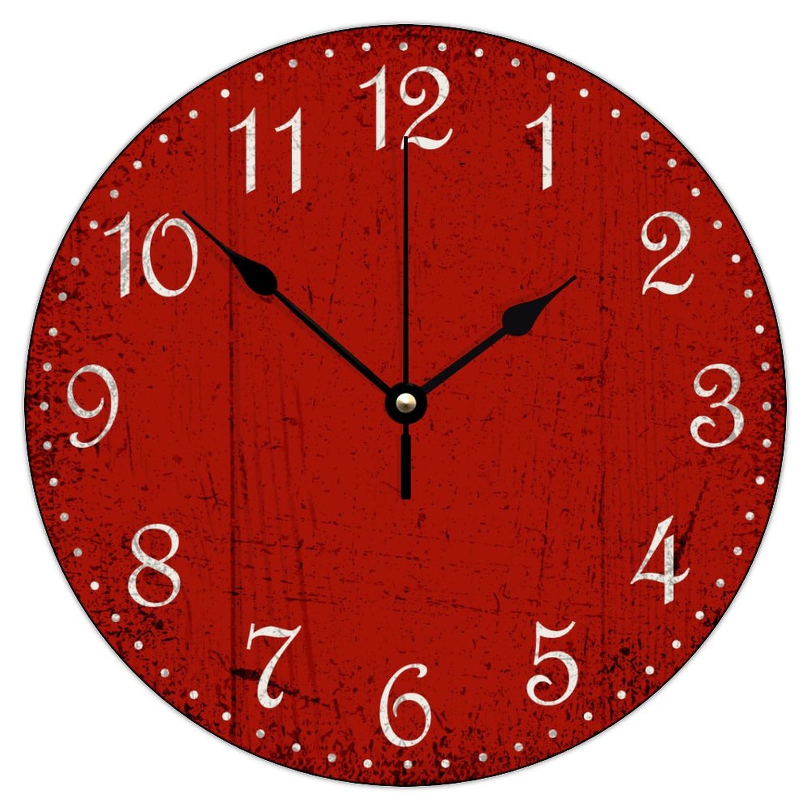 HIGOSS Vintage Red Wall Clock, 12 Inch Silent Battery Operated Arabic Rustic Chic Red Decorative Wall Clock for Living Room