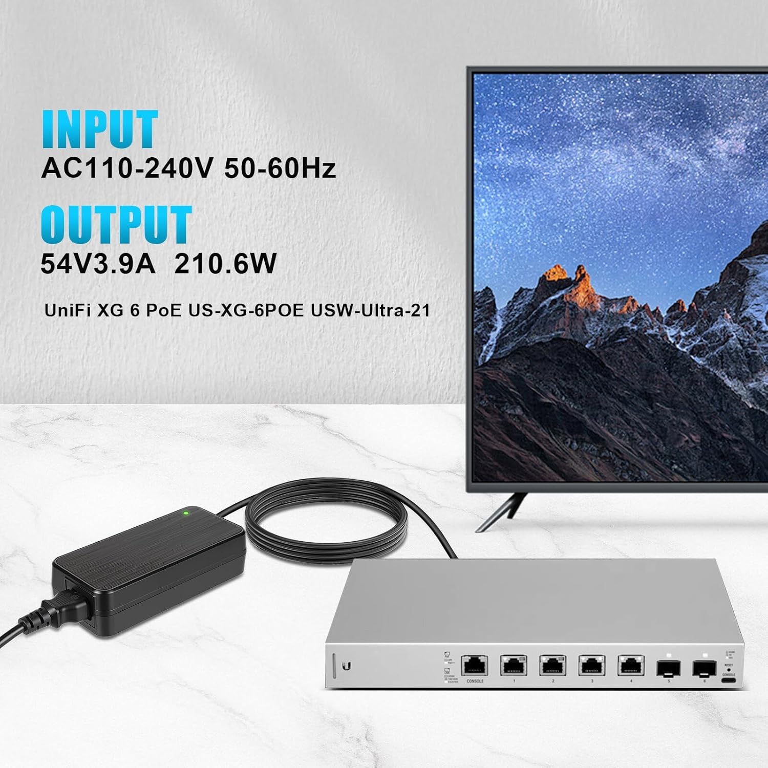 54V dc Power Adapter That Works with Ubiquiti Networks UniFi XG 6 PoE US-XG-6POE USW-Ultra-210W 6 8 Port Switch UI.com ADS-210NX-48-1 540210E ADS-210NX-48-1540210E 54 V 3.9A Power Supply.