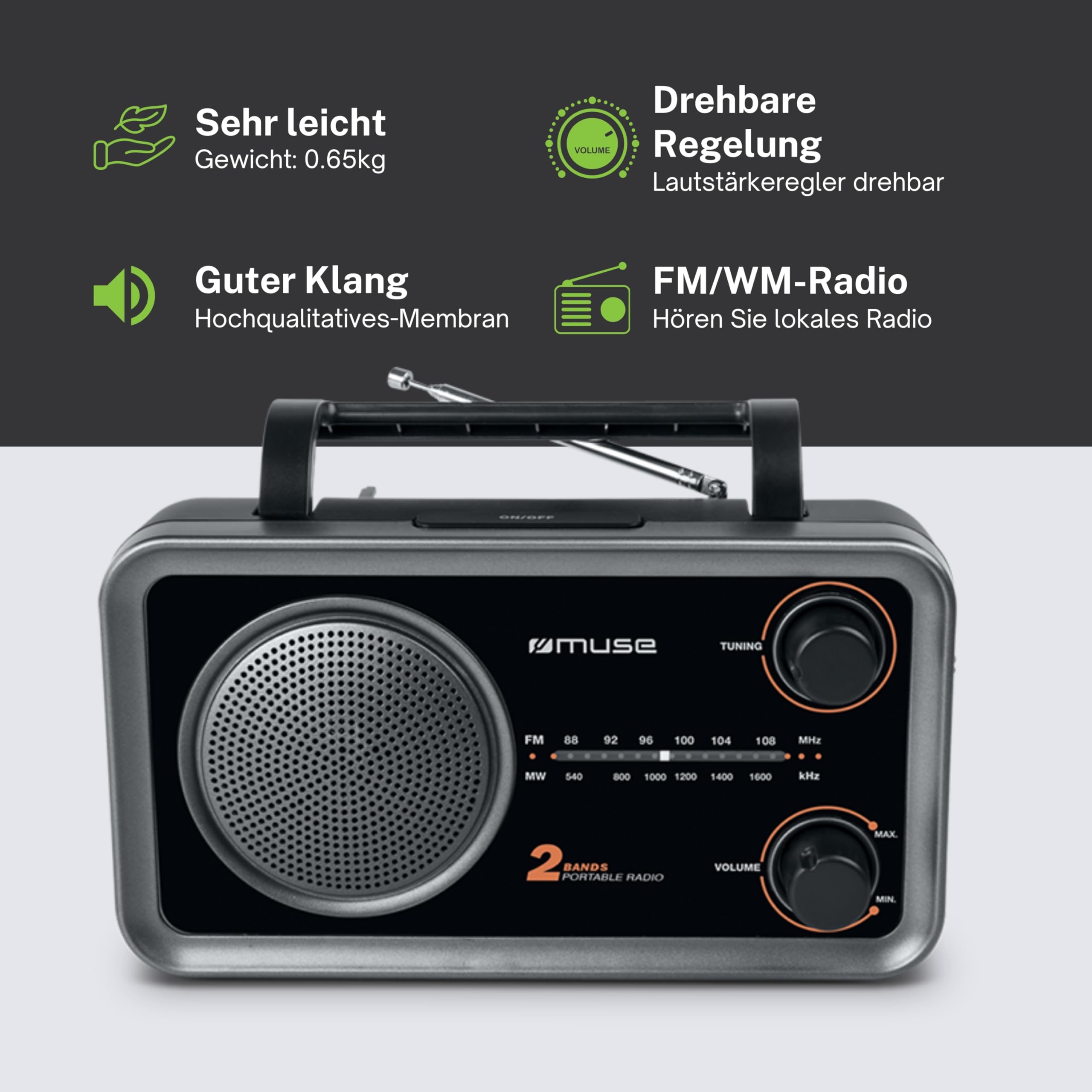 Muse M-06 DS Küchenradio (FM, MW) Radio, Netz- und Batteriebetrieb, AUX-In für Handy, schwarz