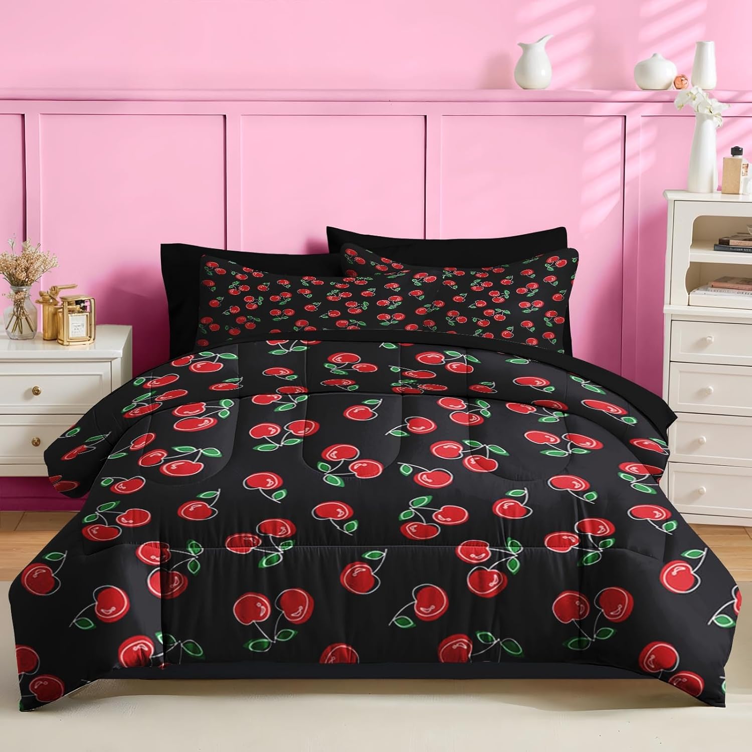 Nesker 7 Pcs Comforter Set Full Size, Retro Red Black Bedding for Kids Teen, Cherry Fruit Bed Sheet with Pillowcase & Sham - Image 2