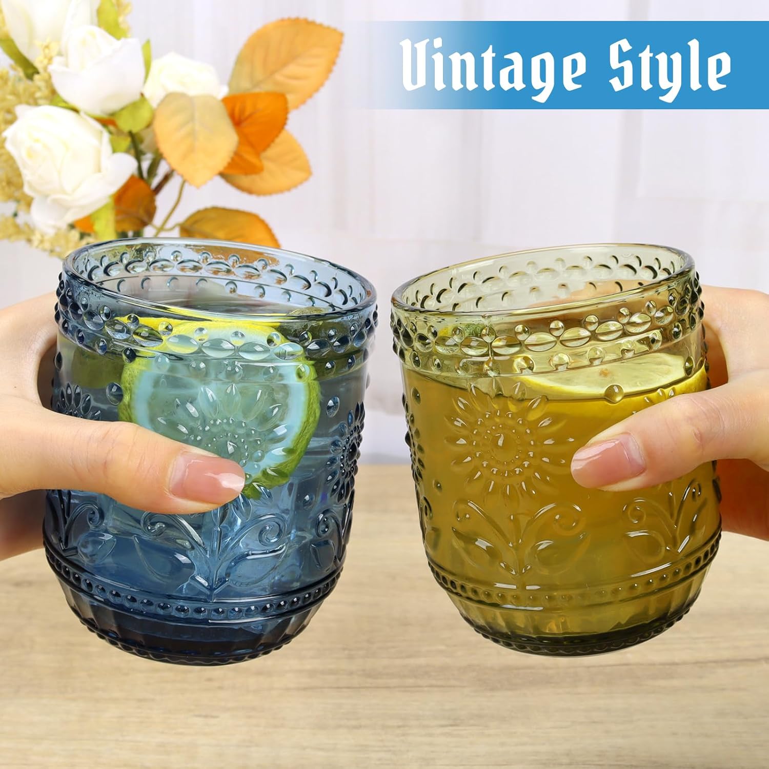 Topsky Vintage Colored Glassware Set of 6,12 oz Green Sunflower Drinking Glasses Set,Blue Drinkware Glasses for Wine,Cocktail,juice,Heavy Duty Glass Cups - Image 3