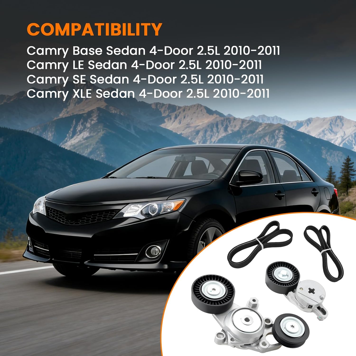 Drive Belt Tensioner Pulley Assembly Set Compatible with Toyota Camry 2.5L 2010-2011, Belt Tensioner Replaces 1662036030,16601-0V010, Serpentine Belt 4PK1240, 3PK1200