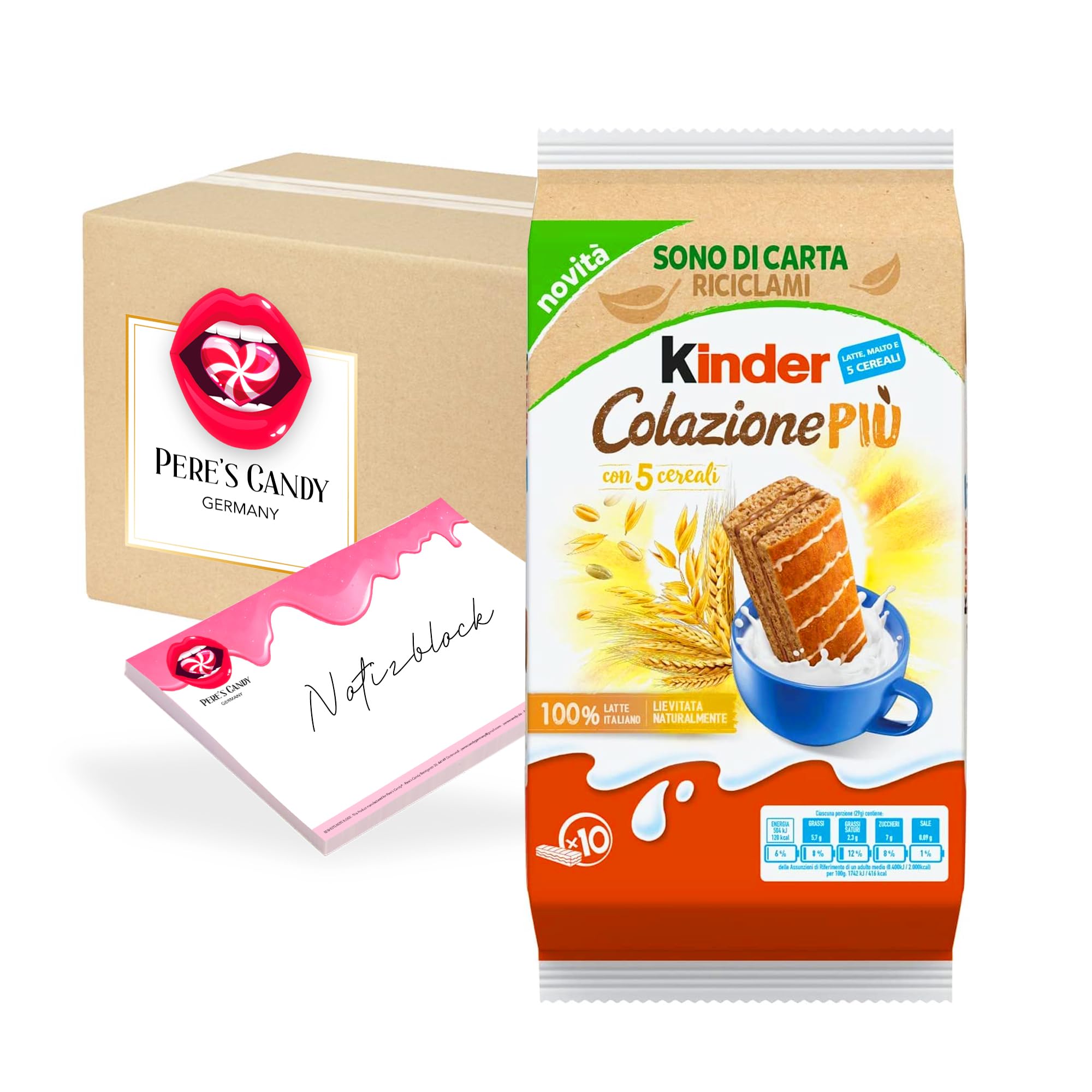 Pere's Candy Bundle für 6 x 290g Ferrero Kinder Colazione Più Kuchen 6x290g + Pere's Candy Notepad DIN A7-25 Blatt