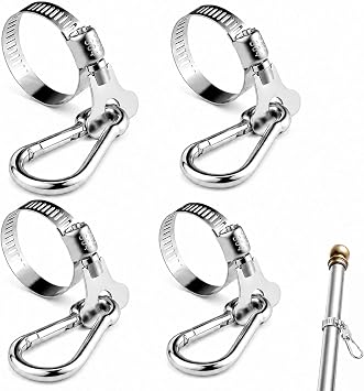 4PCS Flag Pole Clips, Stainless Steel Flag Pole Rings with Carabiner Clamp, 0.75-1.2 Inches Adjustable Diameter for Boat, Yacht, Truck, ATV, Garden, House