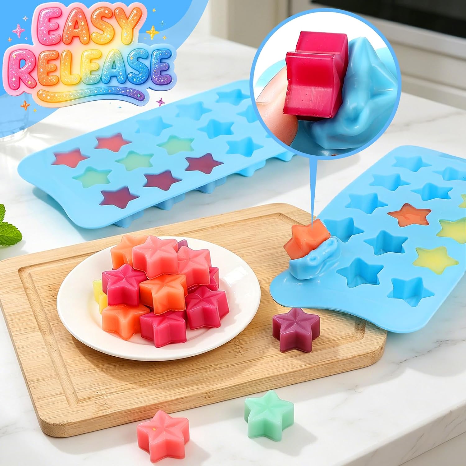Elfkitwang Star Shape Silicone Candy Mold, 15-Cavity, Blue, 2 Pack, for Chocolate, Gummy, Jelly