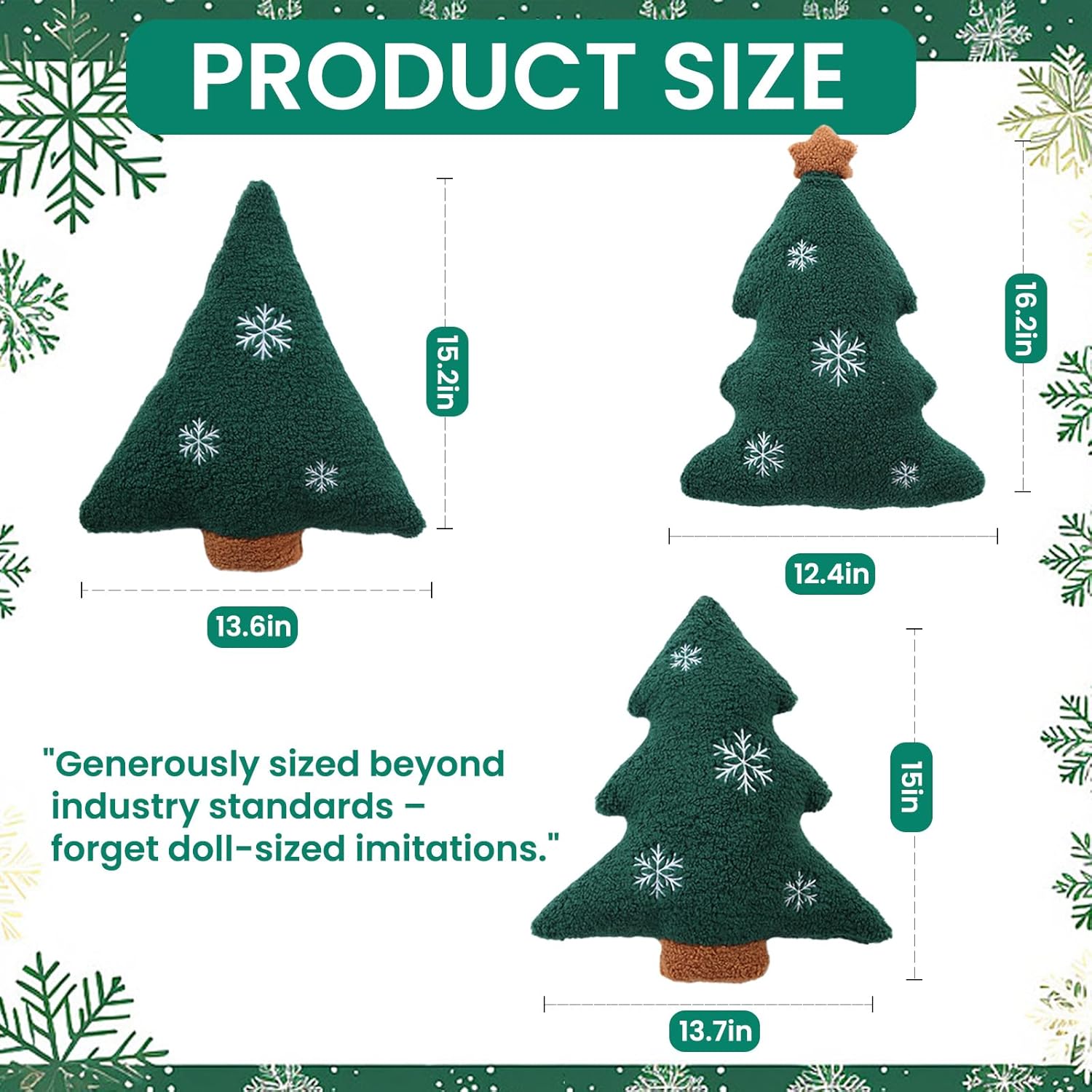 LARMOY 3 Pcs Christmas Tree Throw Pillows, 16" Cute Plush Stuffed Xmas Tree Shaped Decorative Pillows with Snowflake for Bedroom Outdoor Sofa Couch Home Winter Party Cushion Decorations
