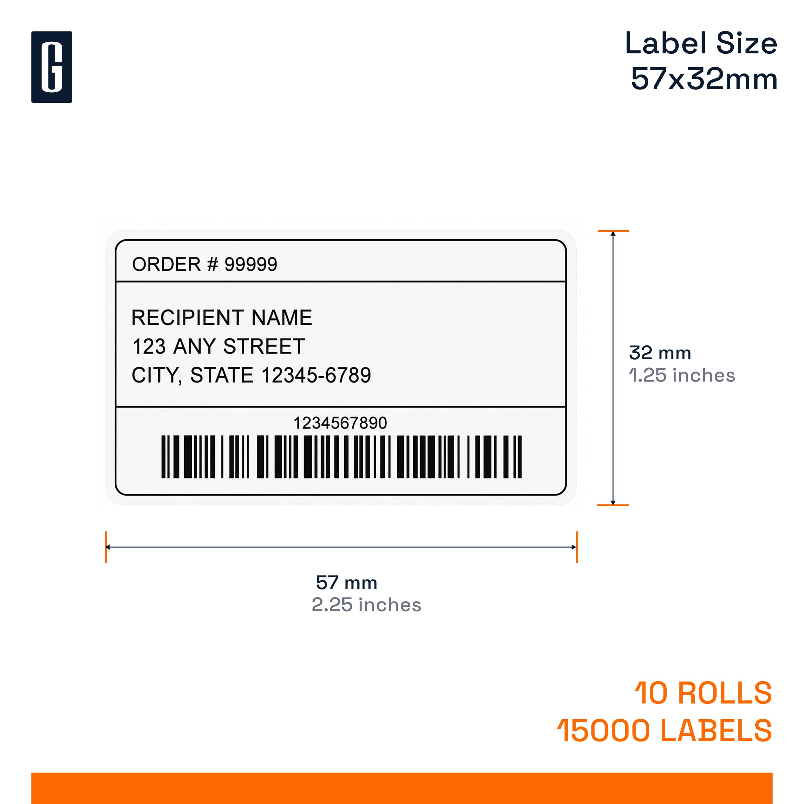 GROF - 10 Rollen Thermoetiketten Adressetiketten Versandetiketten 57 × 32 mm - 1500 Etiketten/Rolle [15000 Etiketten], kompatibel mit Zebra und weiteren Druckern (10)