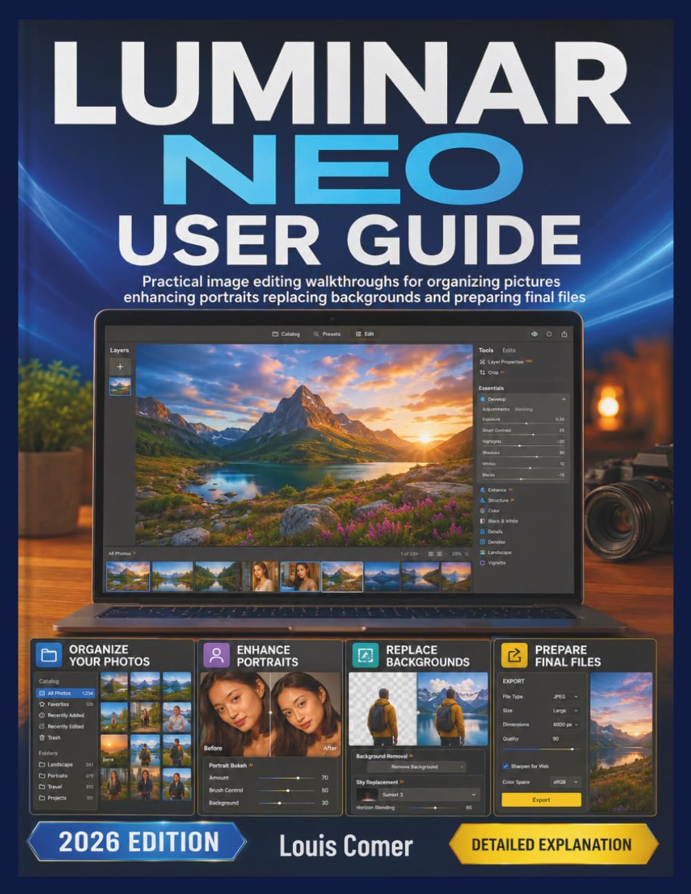 LUMINAR NEO USER GUIDE: Practical image editing walkthroughs for organizing pictures enhancing portraits replacing backgrounds and preparing final files