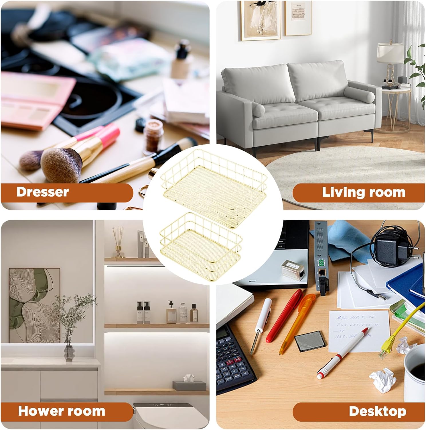 2 Pcs Gold Basket Bathroom Gold Organizer Storage Basket for Decor Desktop Exquisite Vanity Dresser Ornament Office Stationery Home