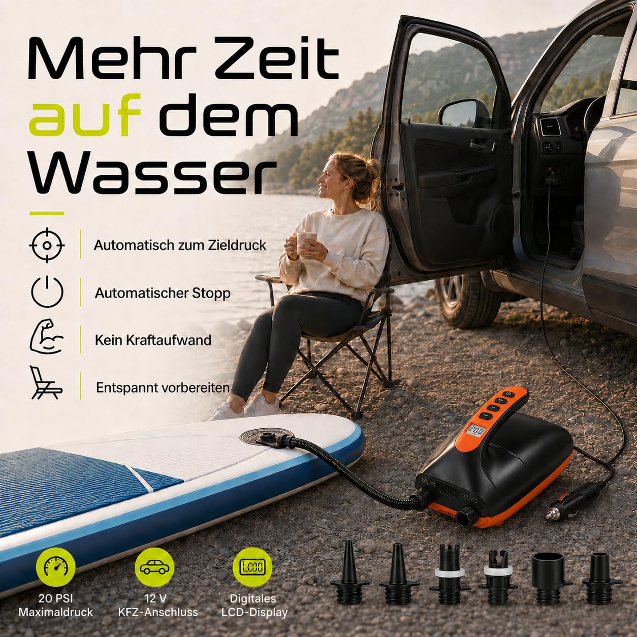 SkinStar elektrische SUP Board Pumpe 2-Stufen Kompressor Luftpumpe 20 PSI