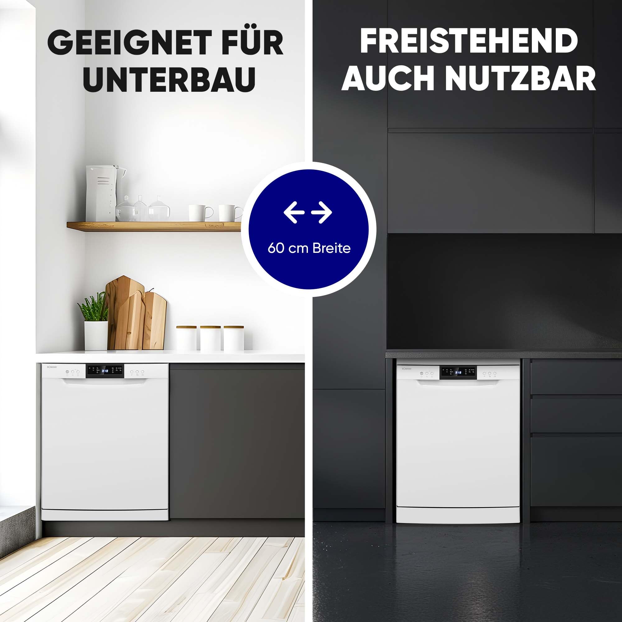 Bomann GSP 7419 Geschirrspüler 60 cm 14 Maßgedecke Stand Unterbau 7 Programme 2 Sprühebenen Startvorwahl weiß