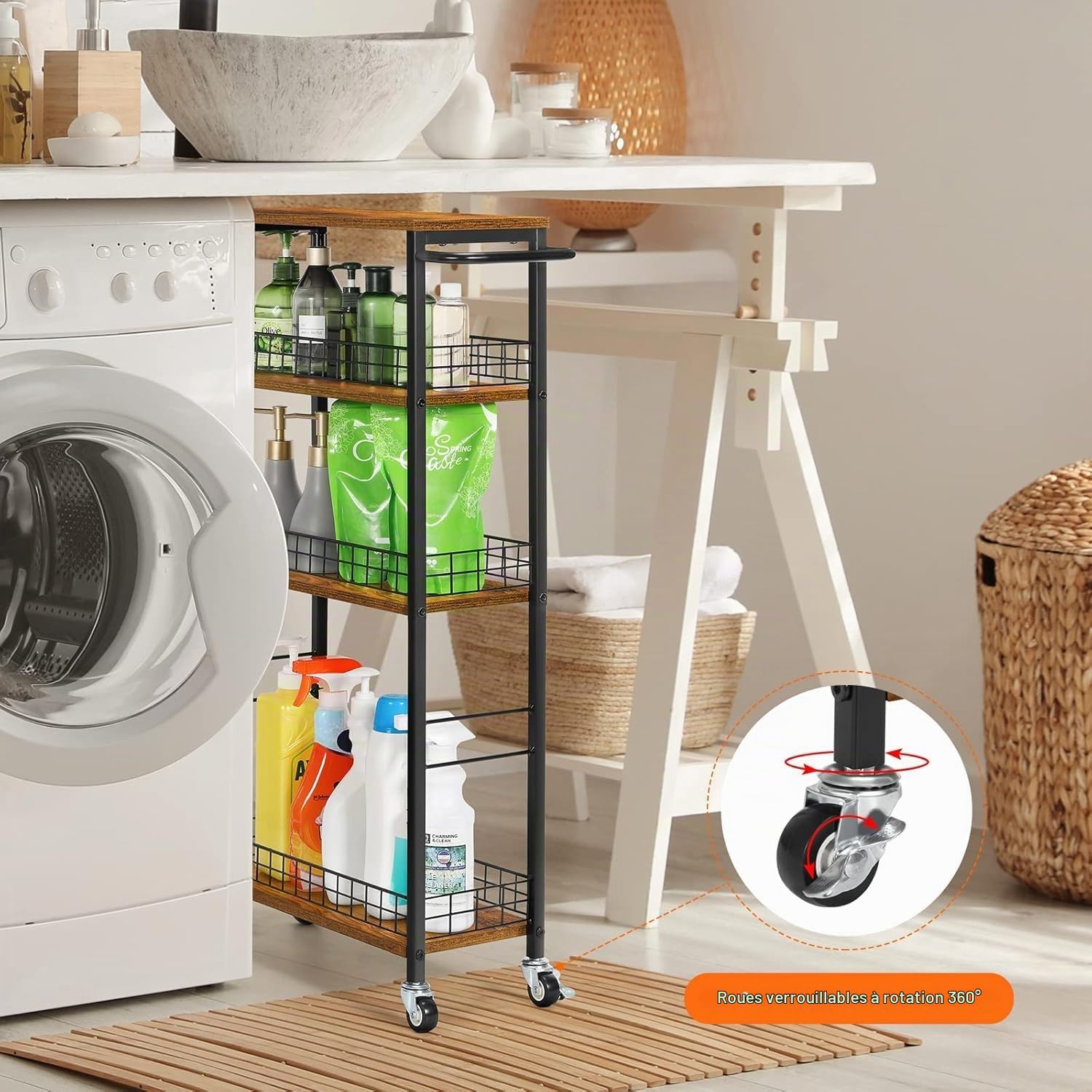 CADUKE Chariot de Cuisine à 4 Niveaux, Multifonctionnel Chariot de Rangement, Mobile Étagère avec roulettes pour Bureau, Salon, Cuisine, Salle de Bain, Buanderie, 41 * 18 * 87cm, Brun Rustique
