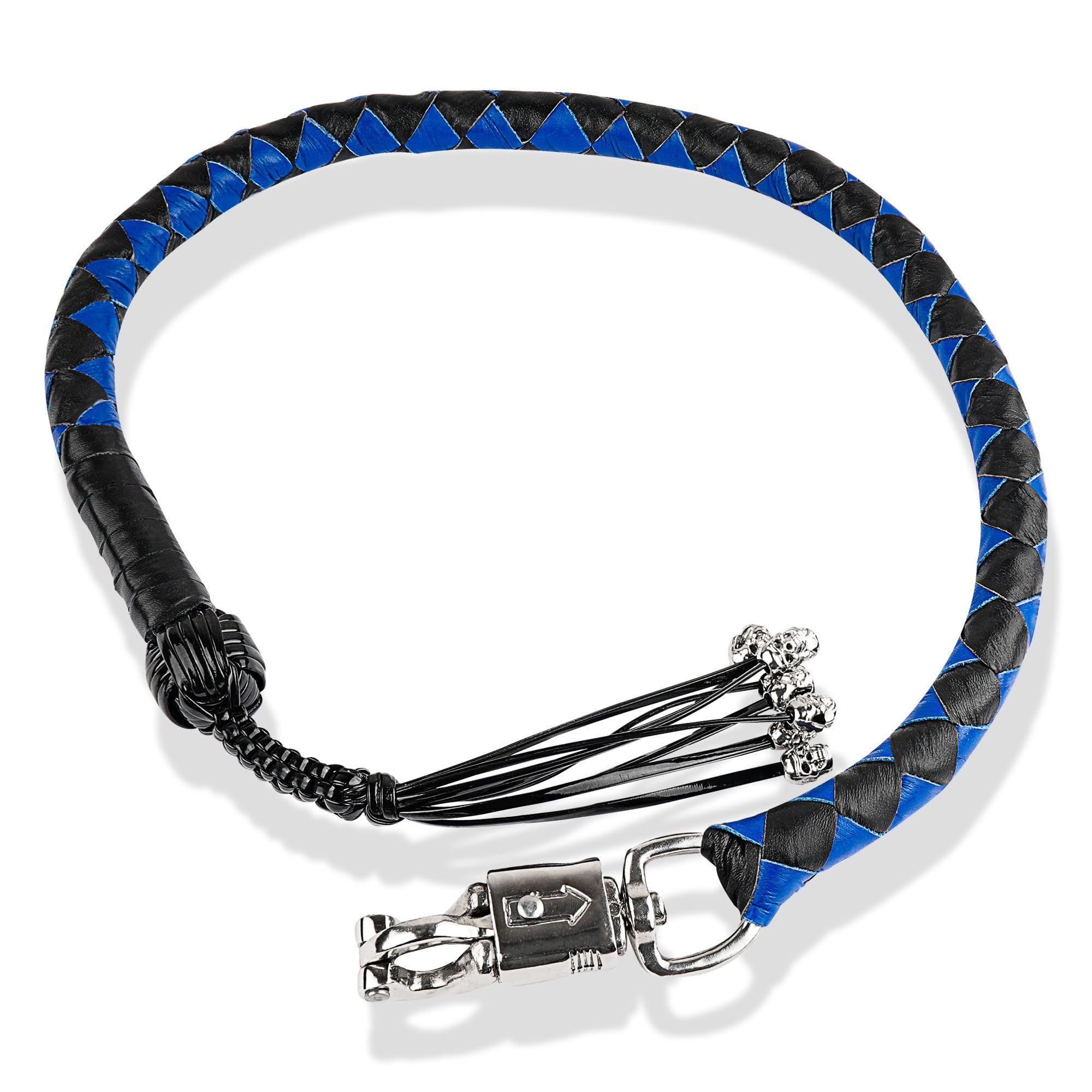 HADZAM Genuine Leather Motorcycle Get Back Whip 42” for Handlebar with Fringes and Quick Release Clasp (Blue Black, 42 Inch (Skulls on Fringes))