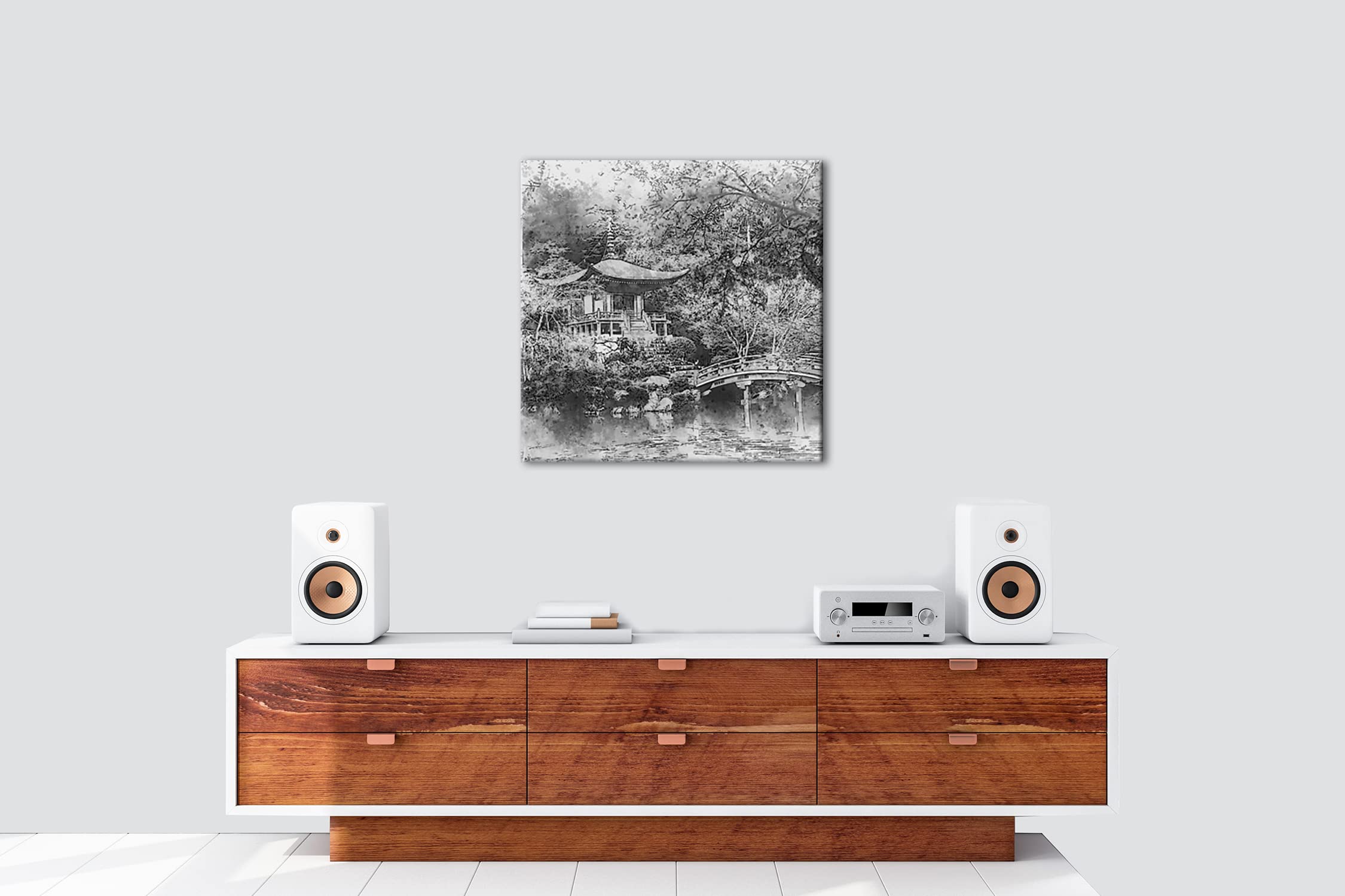 Effet jardin japonais traditionnel : noir et blanc, format : 70 x 70 cm, motif monté sur cadre en bois véritable, impression numérique de haute qualité, pas de poster ni d'affiche.