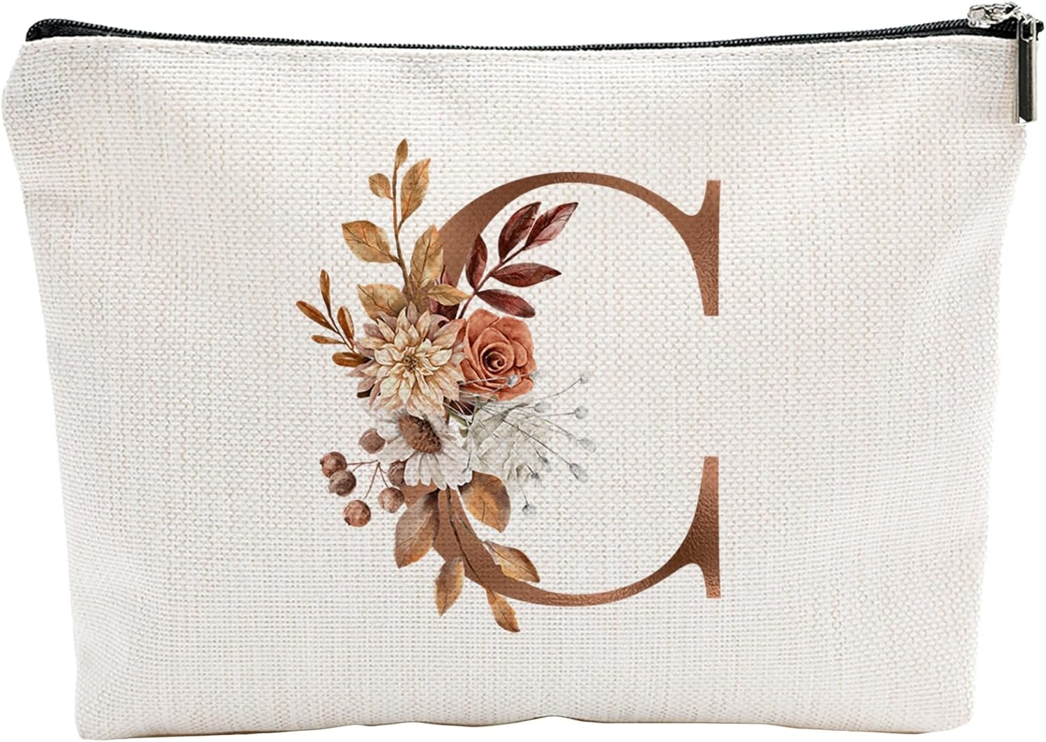 A-Z Boho Personalized Cosmetic Bag-Floral Cotton Letter Makeup Bag With Zipper-Artistic Cosmetic Bag For Travel-Bride,Birthday Gift For Women Daughter Friends-Women Makeup Organizer-A03