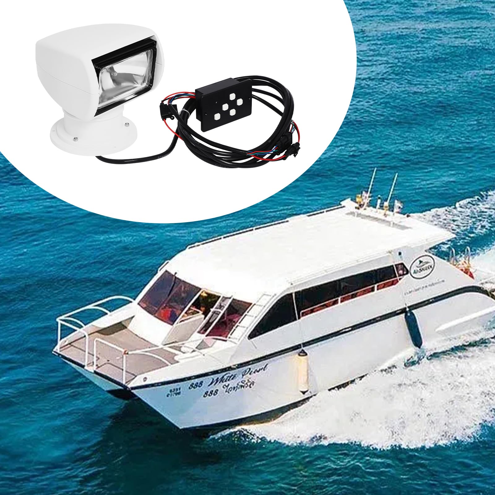 Phare de recherche télécommandé, pour bateaux, 100 W, pour bateaux, pour navigations nocturnes, patrouilles maritimes, police d’eau, bateaux de pêche et autres engins aquatiques (blanc)