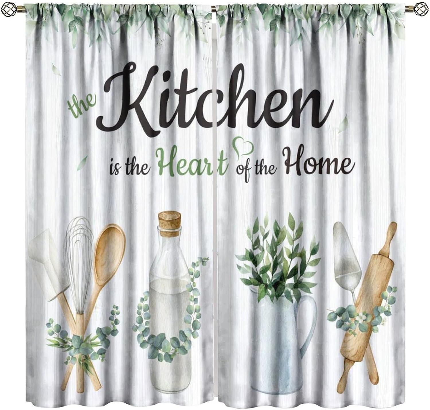 Rustic Eucalyptus Kitchen Curtains, Watercolor Kitchen Utensils Leaf Plants Farmhouse Country Botanical Wooden Board Rod Pocket Window Treatments for Cafe Living Room, 42"W X 54"L, Blackout