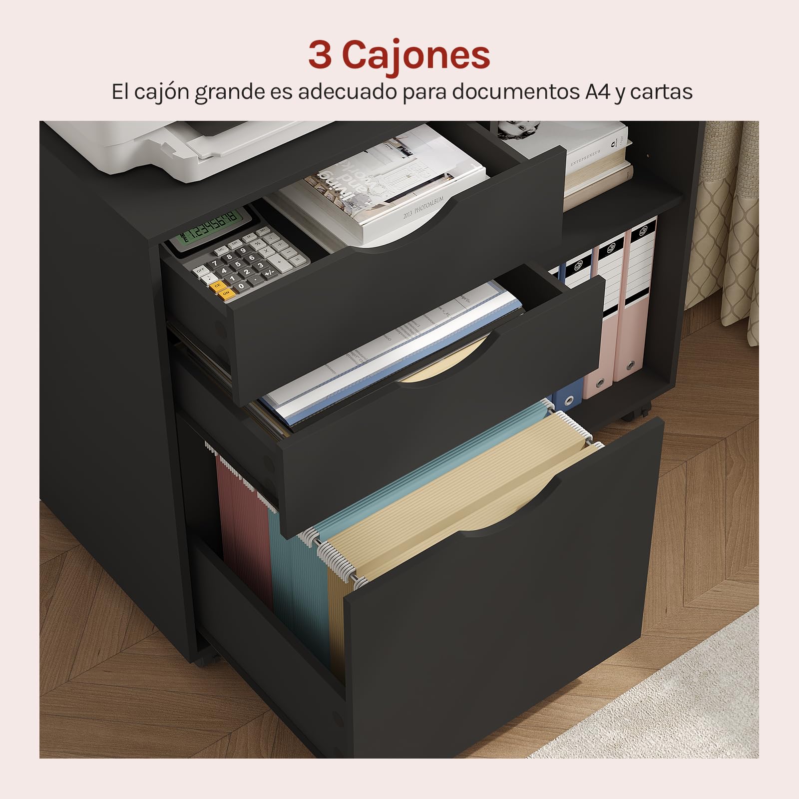 WOLTU Archivador Móvil, Cajonera de 3 Cajones y 2 Estantes Abiertos, con 5 Ruedas y Barra Colgante, Armario de Oficina para Carpetas y A4, 80x39,5x69,5 cm, Negro