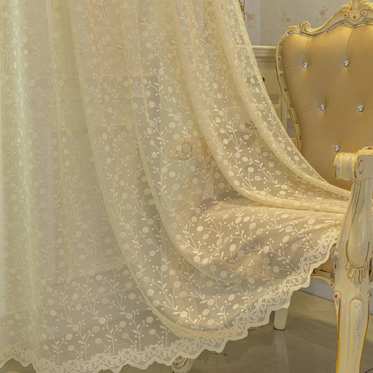 Daesar Living Room Curtains 2 Panel Sets 84 Inch Length, Eyelet Sheer Curtains Solid Color Jacquard Lace Flowers Leaves Pattern Voile Curtains for Kitcken Window Treatment, 34x84 Inch Beige