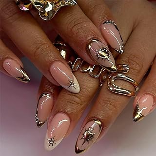 Gold Press on Nails Short Almond French Tips False Nails 3D Metal Chrome Gold Line Acrylic Fake Nails with Heart Star Design French Glue on Nails Almond Shaped Stick on Nails for Women Girls 24 Pcs