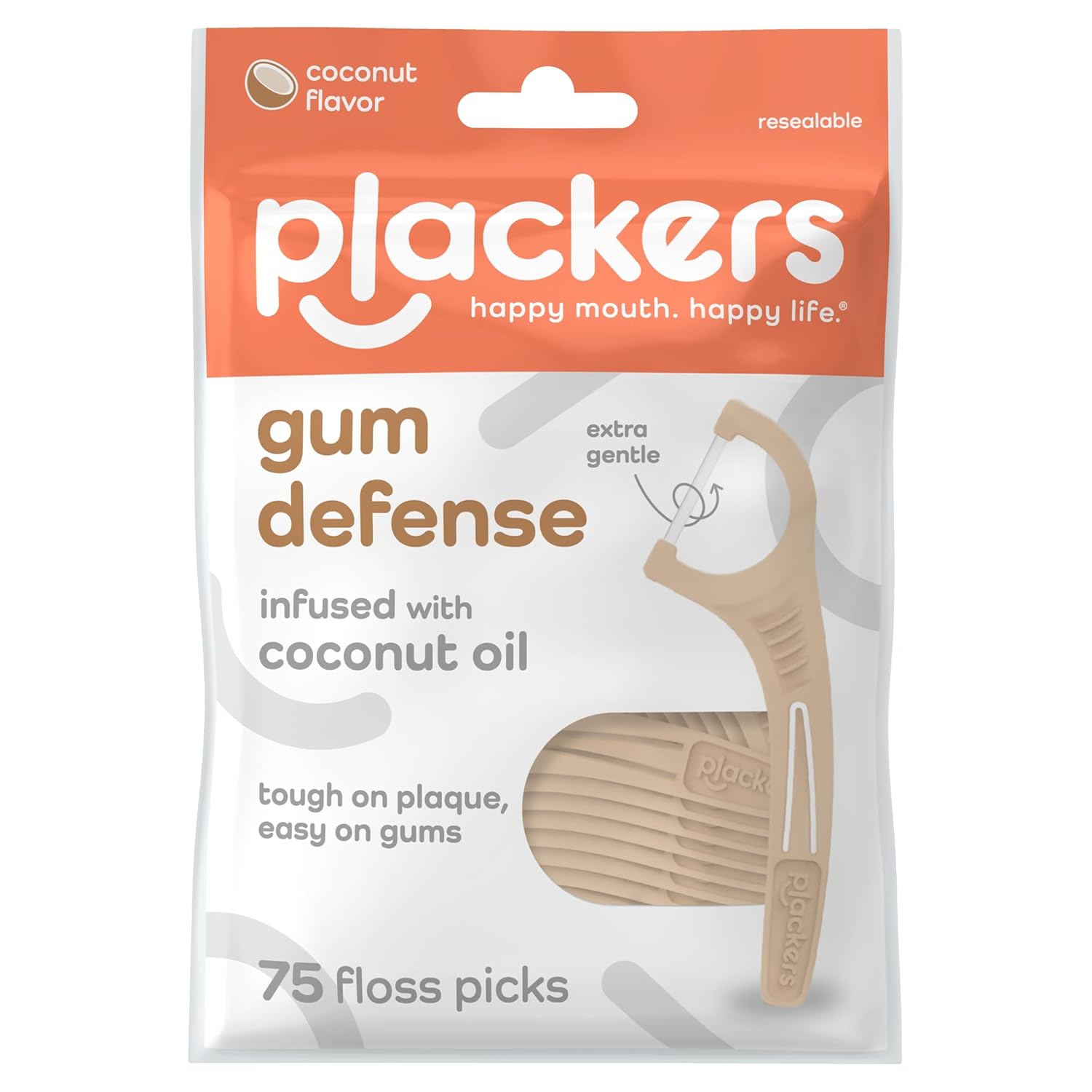 Plackers Plackers Gum Defense Floss Picks with Coconut Oil Refreshing Coconut Flavor GentleFloss 75 Count