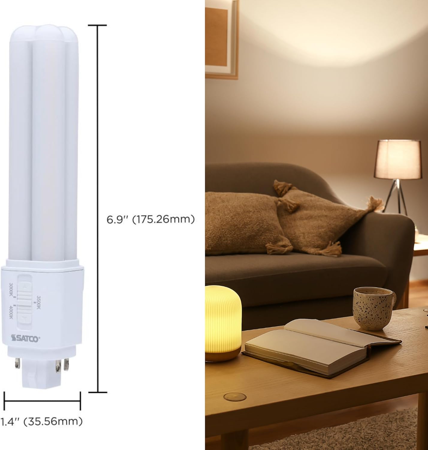 Satco LED PL Lamp 9.5W 18W/26W/32W Equivalent 3000K/3500K/4000K CCT Selectable G24q 4-Pin Base Type A Ballast Dependent Dimmable – Part S29856 (6 Pack)