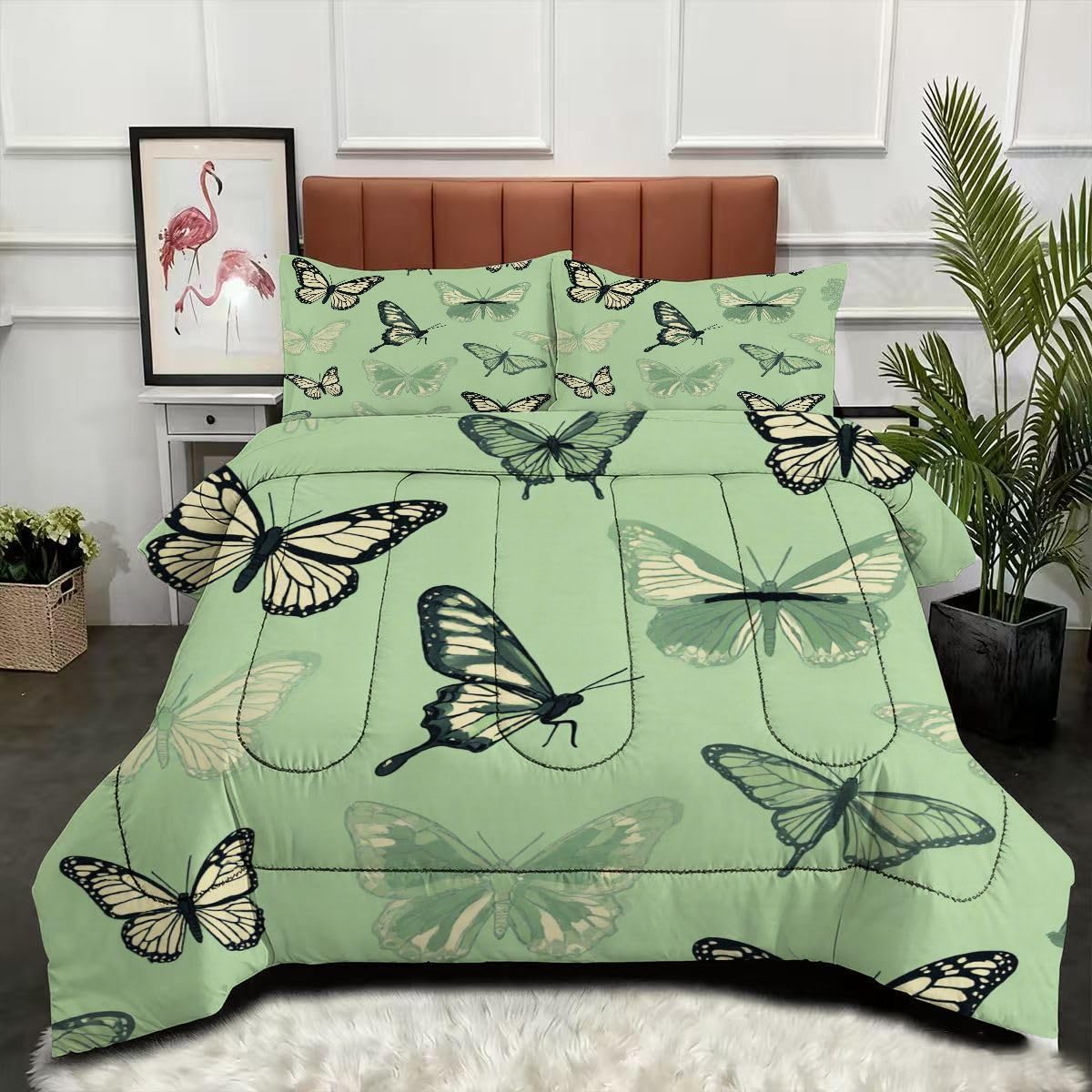 Couette 240 x 260 cm motif papillon avec parure lit microfibre lavable en machine 3 pièces