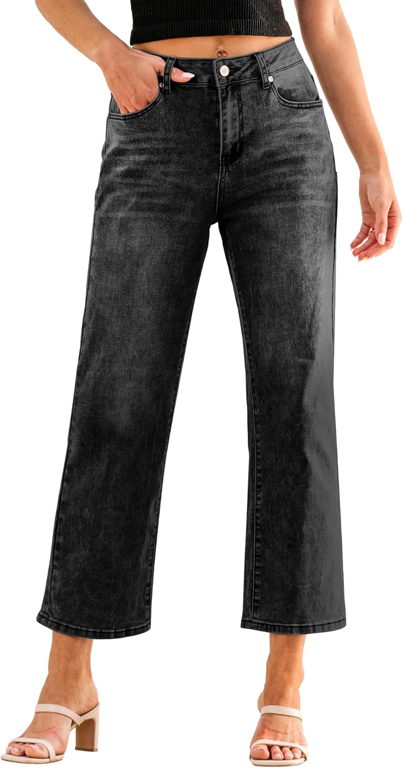 GRAPENT Jeans for Women Trendy High Waisted Loose Straight Leg Stretchy Denim Ankle Pants Cropped Jeans with Pockets