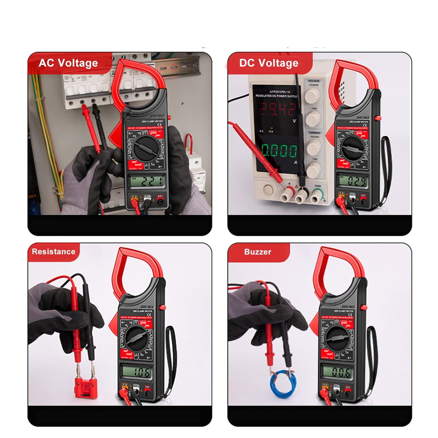 Demonstration of AC Voltage, DC Voltage, Resistance, and Buzzer measurements using the clamp meter