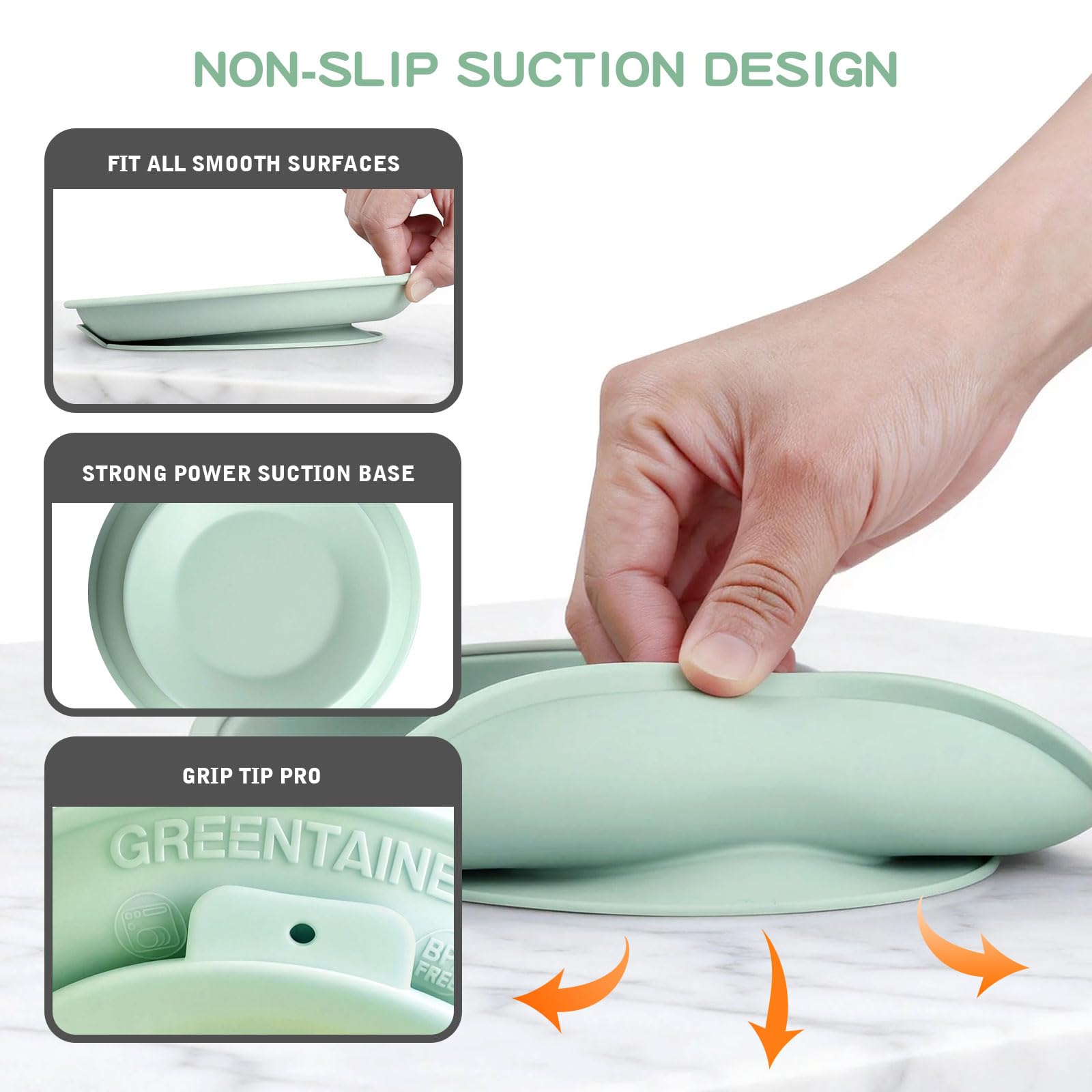 Greentainer Lot de 3 assiettes en acier inoxydable, assiette divisée en silicone avec base adhésive, ustensiles pour tout-petits pour l'alimentation du bébé, sevrage à la demande du bébé, réutilisable