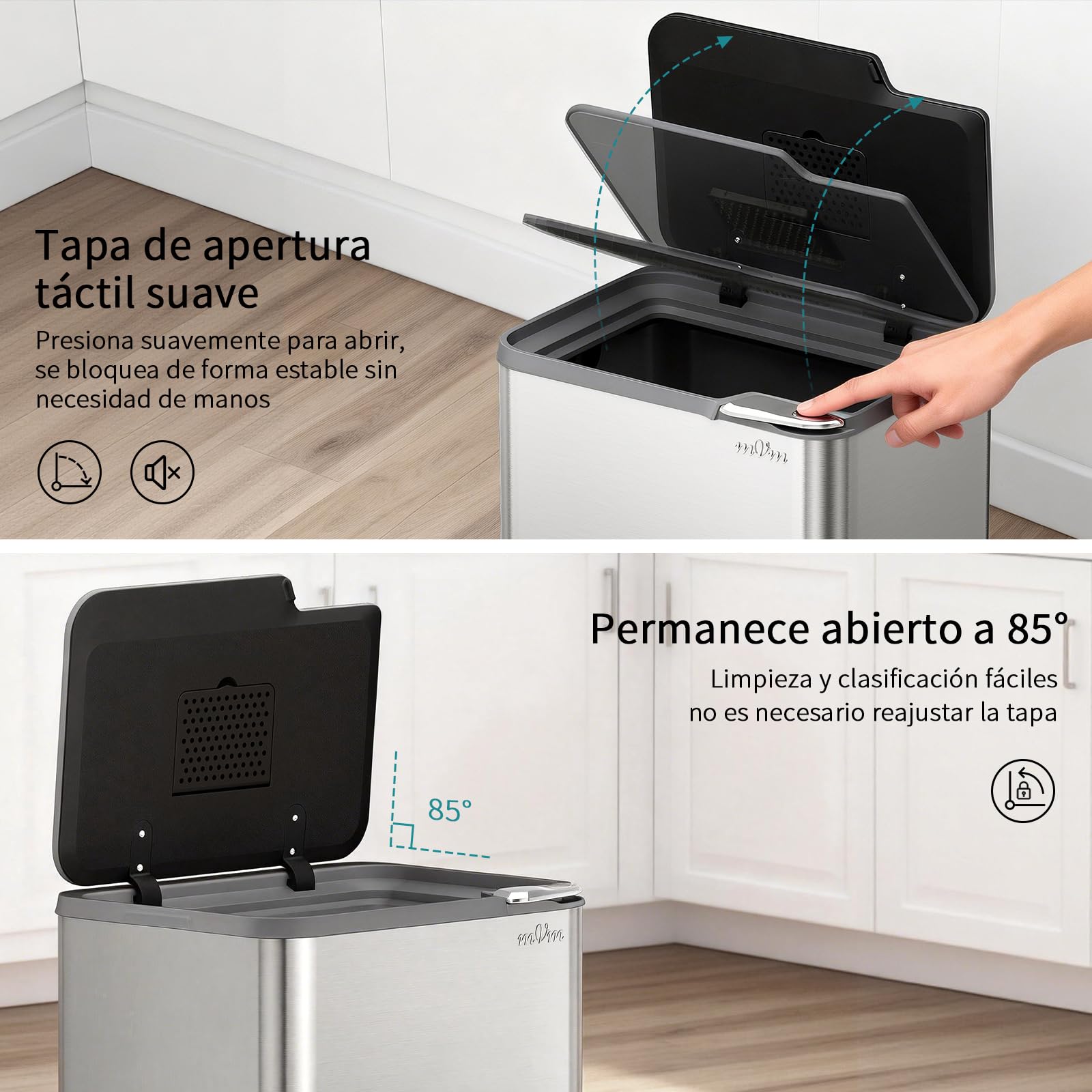 mVm Cubo de Basura con Presión Manual 60L, Acero Inoxidable Antihuellas con Soporte Desmontable, Tapa Amortiguada y Cubo Interior Extraíble