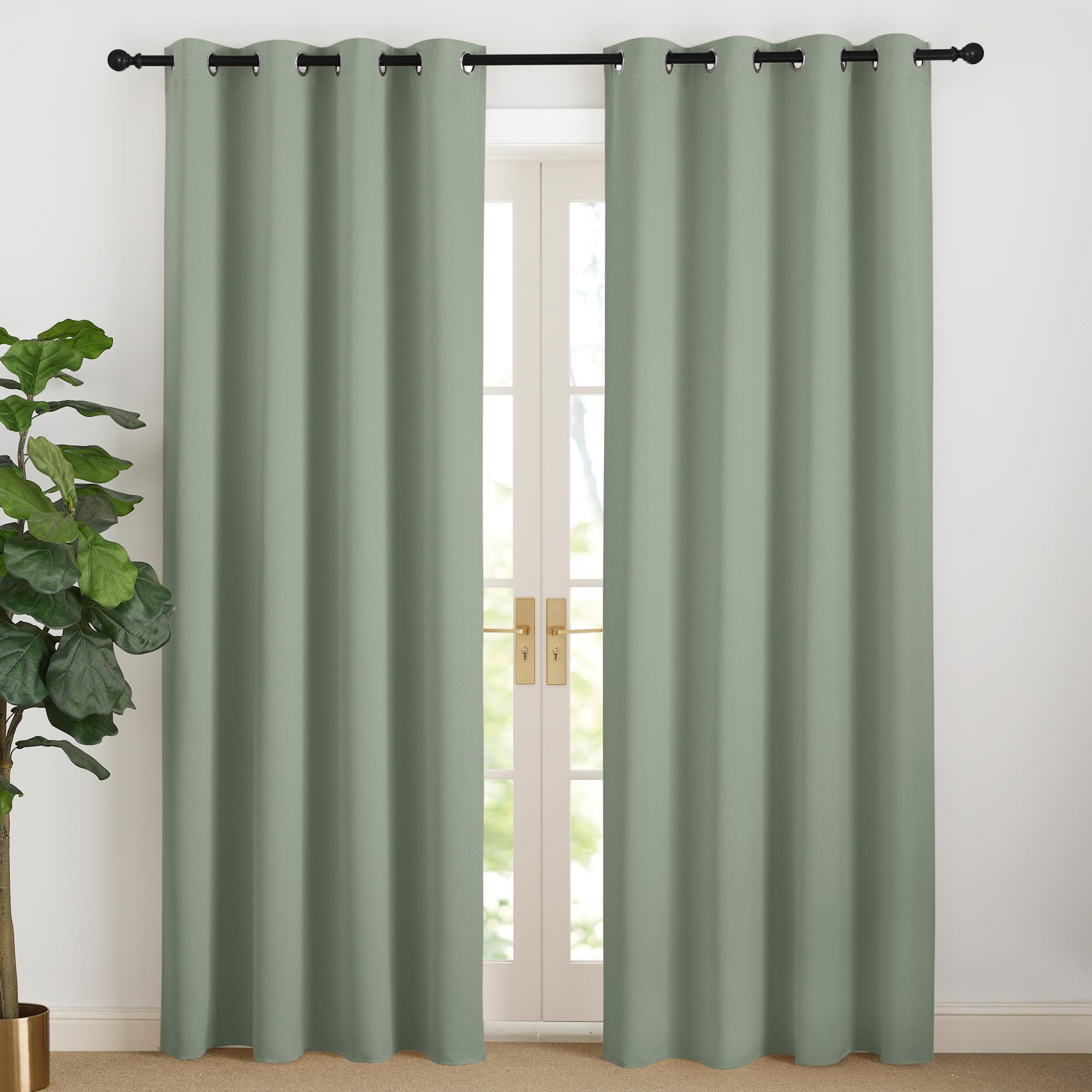 NICETOWN Heat Curtain, Cold Protection, Sage Green Curtains, 220 cm Long, Blackout Curtain, Children's Room, Living Room Curtains, Modern Eyelet Curtain, Set of 2, Sage Green, H 220 x W 140 cm