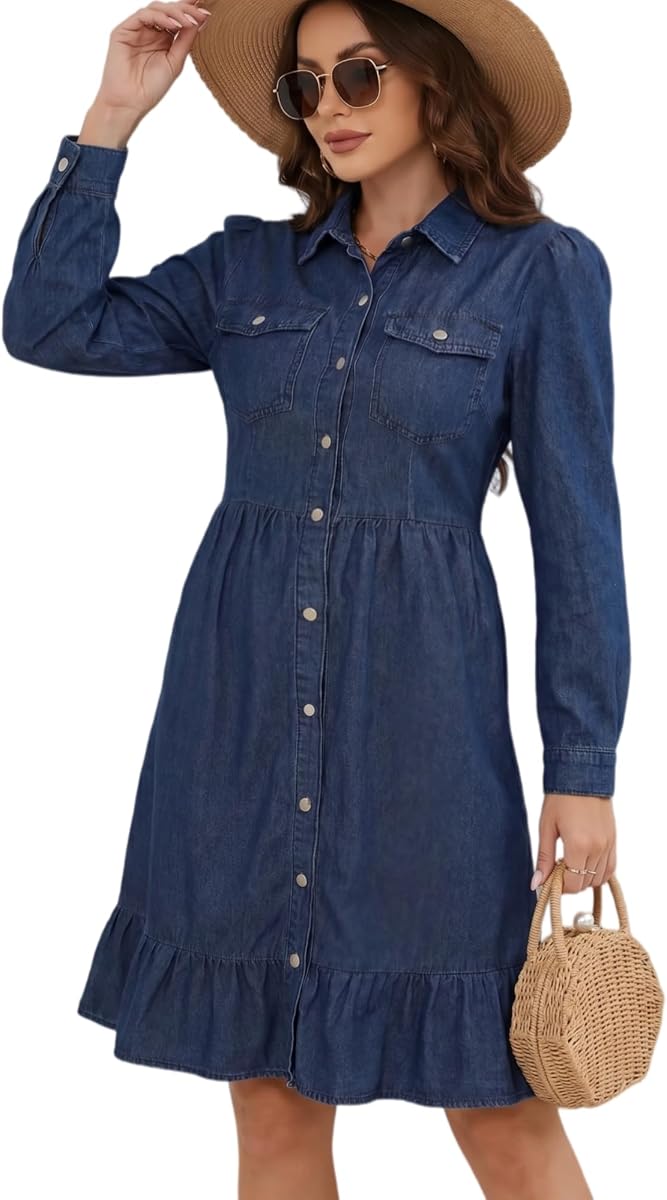 Women‘s Flowy Denim Dress A Line Ruffle Midi Jean Dresses Vacation Puff Long Sleeve Button Down Lapel Neck Casual Dress