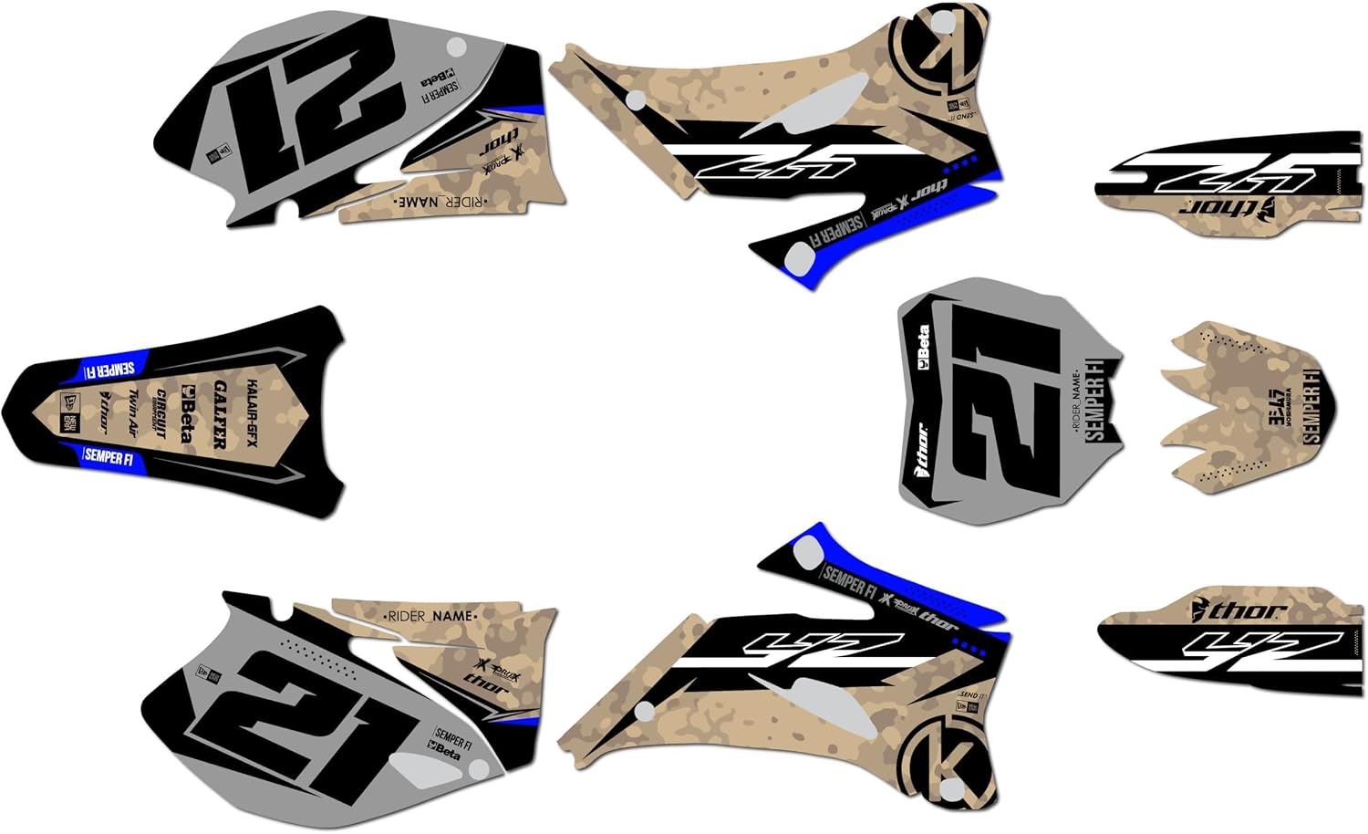 Graphics Kit for Yamaha YZ 250F (2008-2009) SemperFi Series Desert-Blue 16 Mil - Dirt bike Custom Racing Graphics Decals Stickers Kit, no-plastics