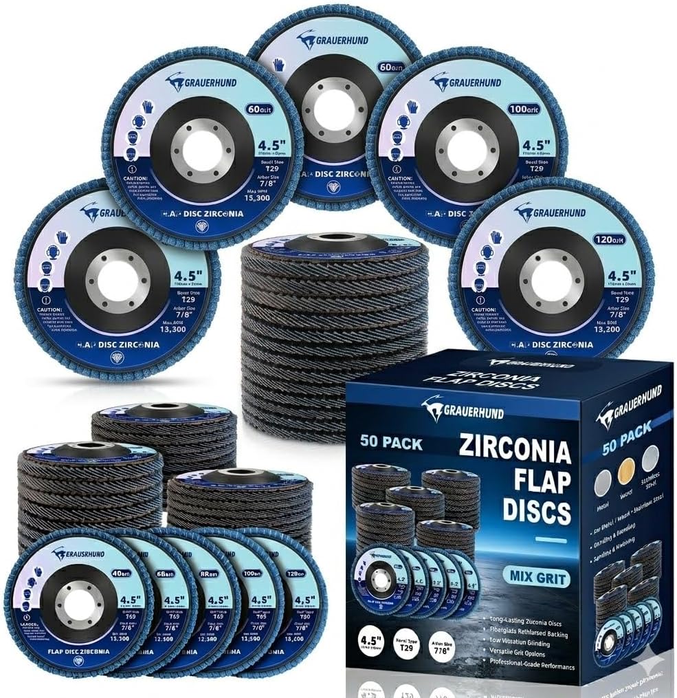 50 Pack Flap Discs 4 1/2" x 7/8" for Angle Grinder, 40/60/80/100/120 Grit T29 Flap Sanding Discs, 4 1/2 Inch Grinding Wheels, Zirconia Grinding Discs for Metal, Wood, and Stainless Steel Finishing
