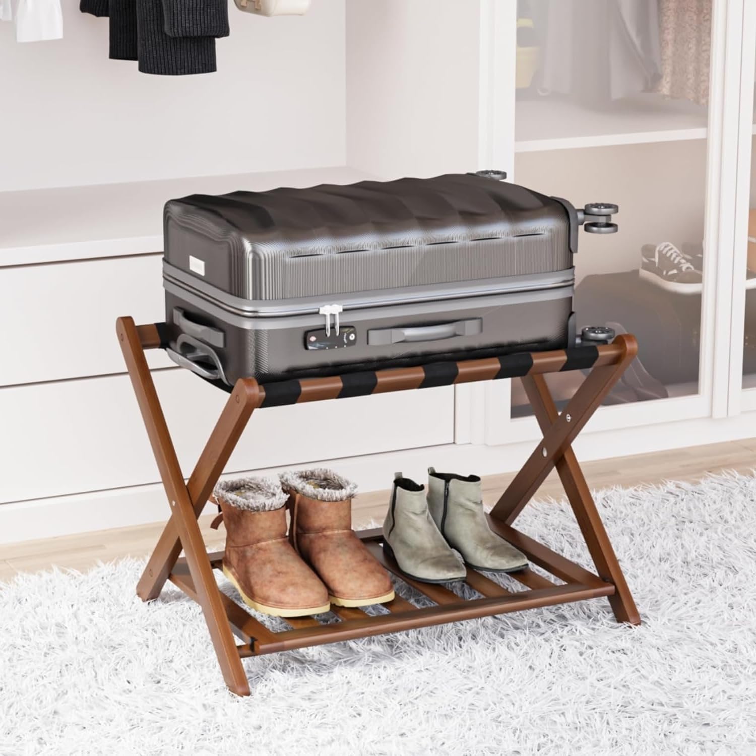 SIX PENNY Fully Assembled Walnut Bamboo Luggage Rack with Shoe Shelf, Folding Suitcase Stand with 5 Heavy-Duty Straps, Large Wooden Luggage Holders for Guest Room, Ideal for Bedroom, Hotel-image-11