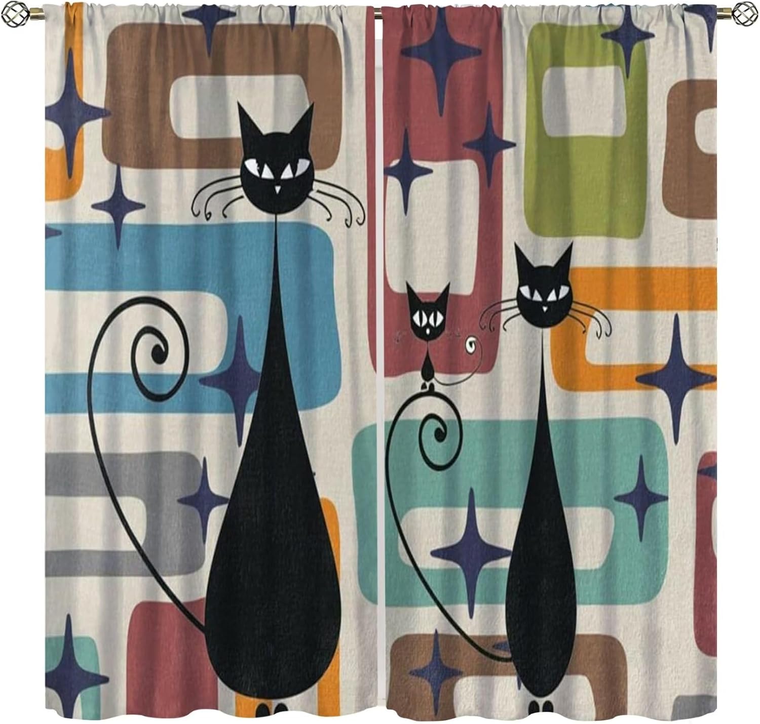 Mid Century Cat Curtains Modern Colorful Abstract Geometric Drop Shapes Window Drapes Retro Bedroom Decor Art Printed Living Room Treatment Fabric 2 Panels 84 (W) x 84(L) Inch Decor