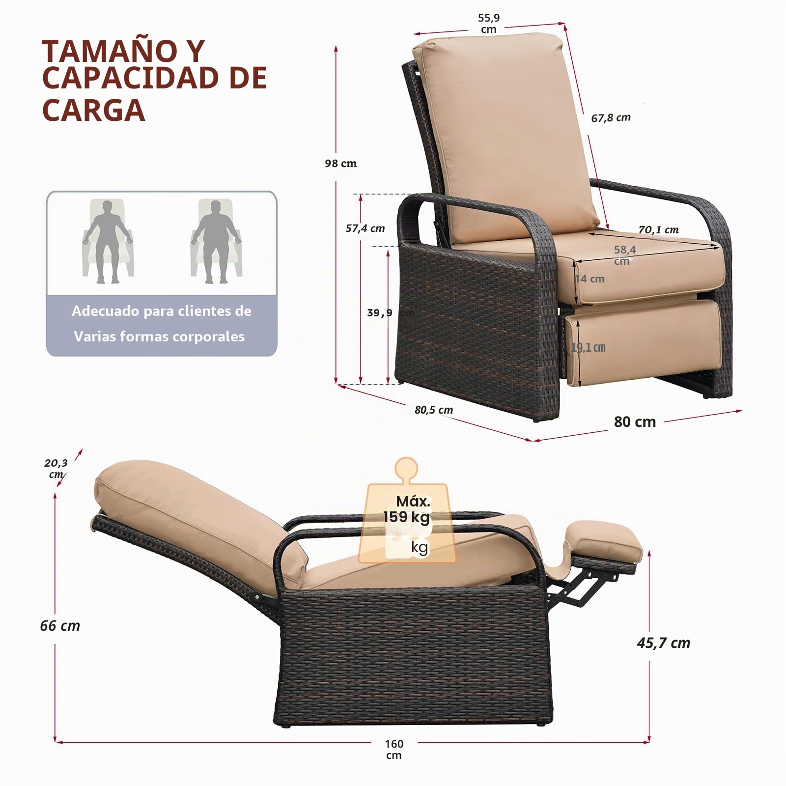 ATR ART TO REAL Juego de 2 sillas reclinables de jardín, silla reclinable para exteriores ajustable de 3 posiciones de altura, marco de aluminio, tumbonas de ratán tejidas a mano para muebles de