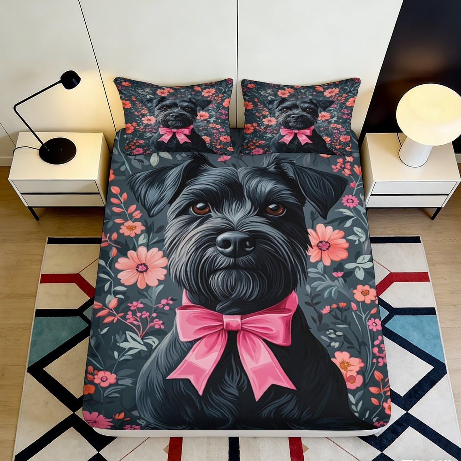 Dhbaneiok Style-3 3D Printed Black Dog Floral Fitted Sheet Microfiber Soft Pink Bow Bed Cover For Bedroom Guest Room Decor 90X200x25cm
