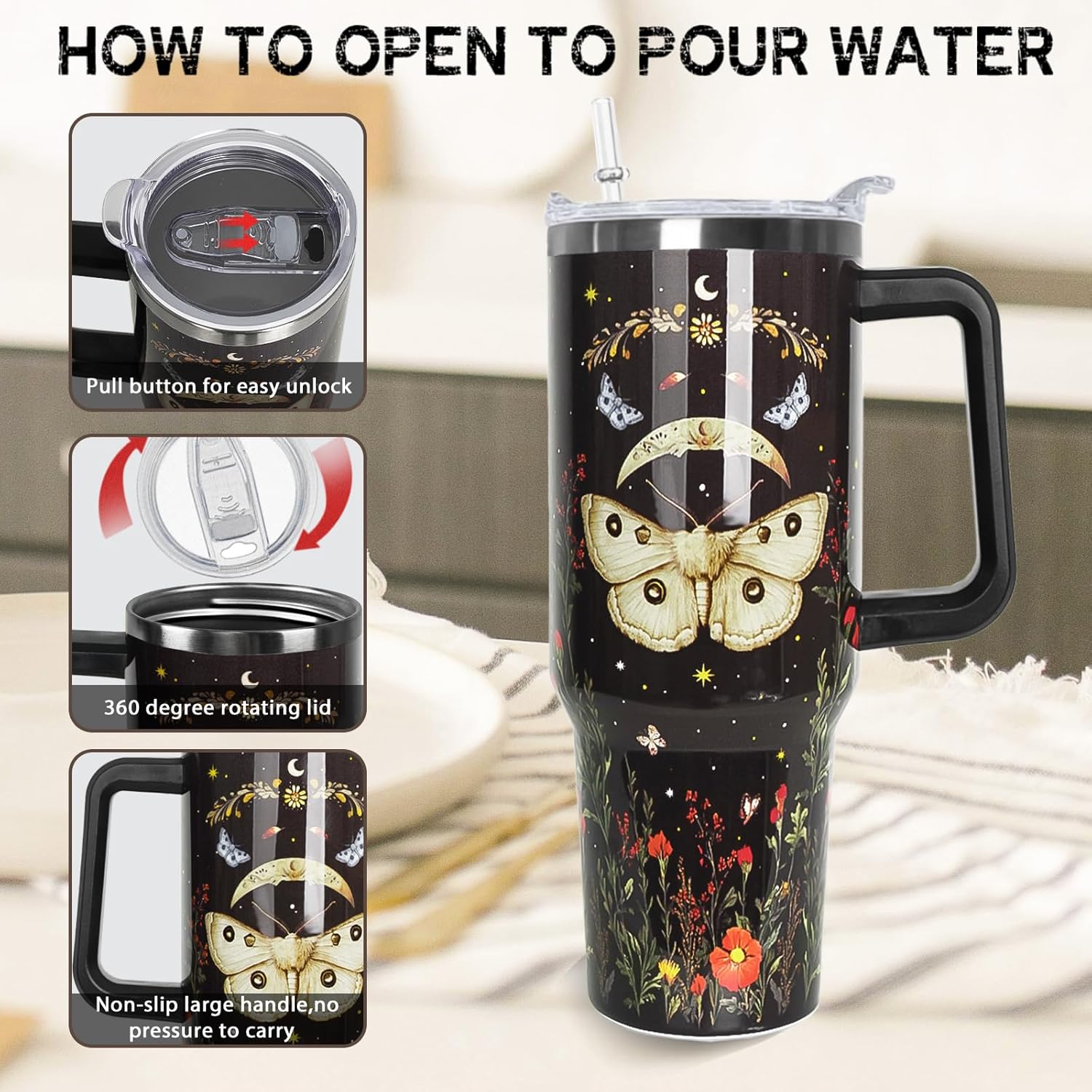 Gothic Tumbler with Handle and Straw 40 oz Goth Moth Flowers Cup Coffee Travel Mug Stainless Steel Insulated Water Bottle Goth Moon Witchy Decor Gifts for Women - Image 4