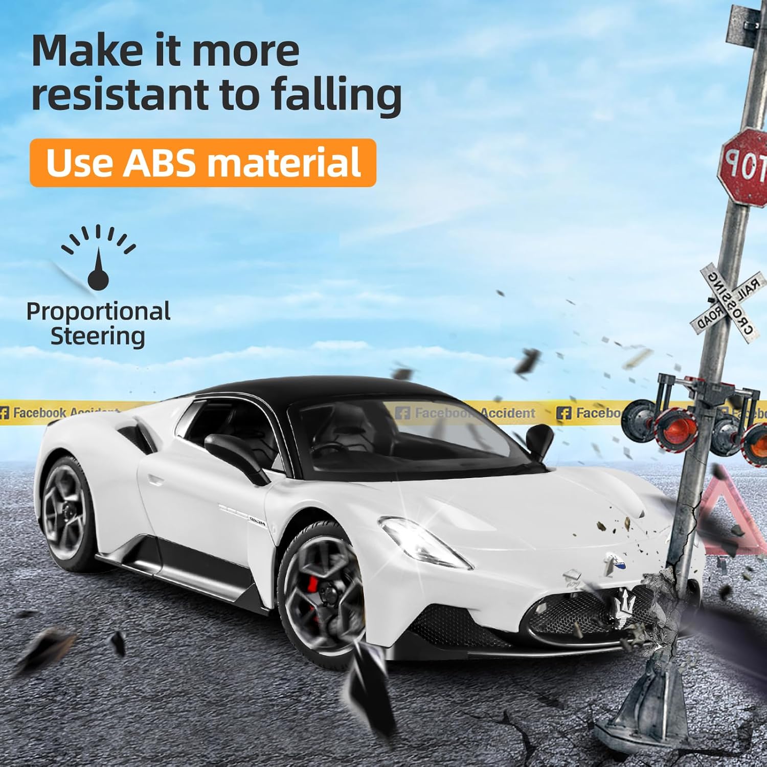 MIEBELY Maserati RC Car made with durable ABS material, shown resisting impact.