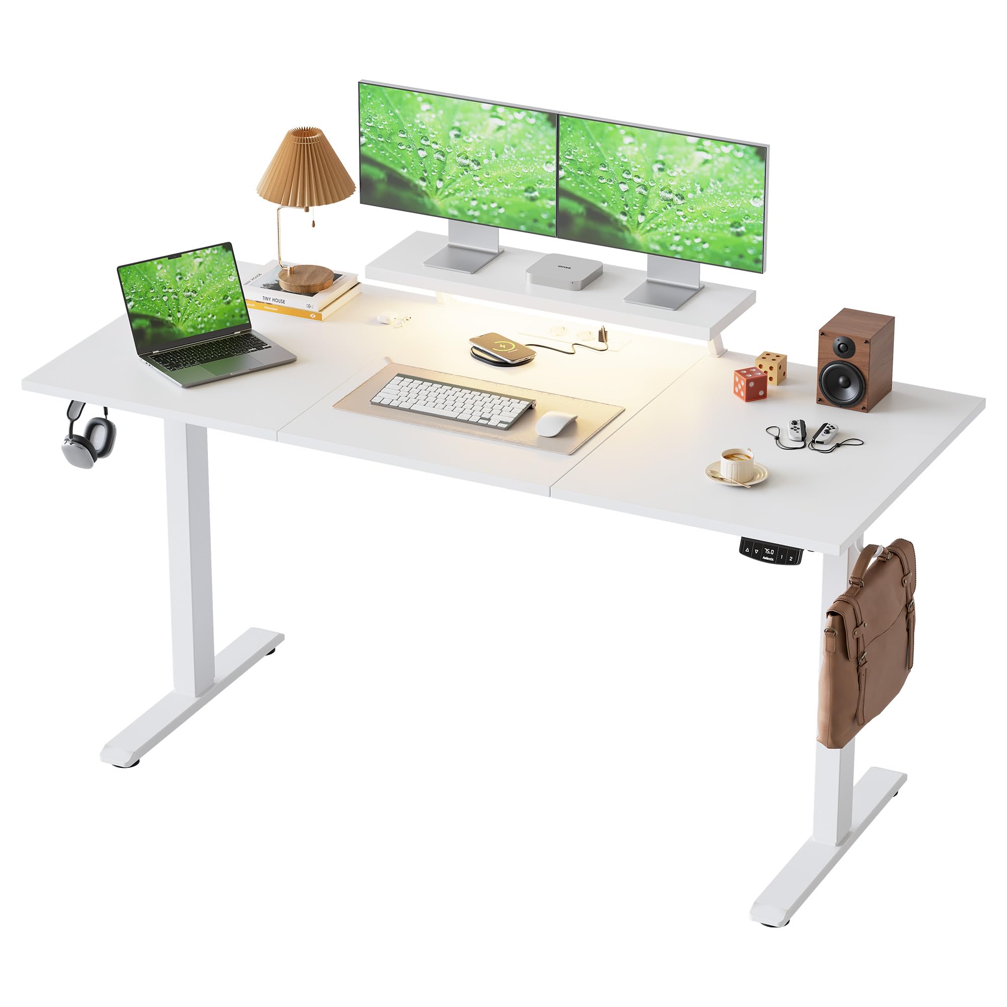 Klicelor Height Adjustable desk with LED Lights and Power Outlets, 160x60cm, movable monitor stand for Game and Home Office, Standing desk with 3-piece tabletop, white