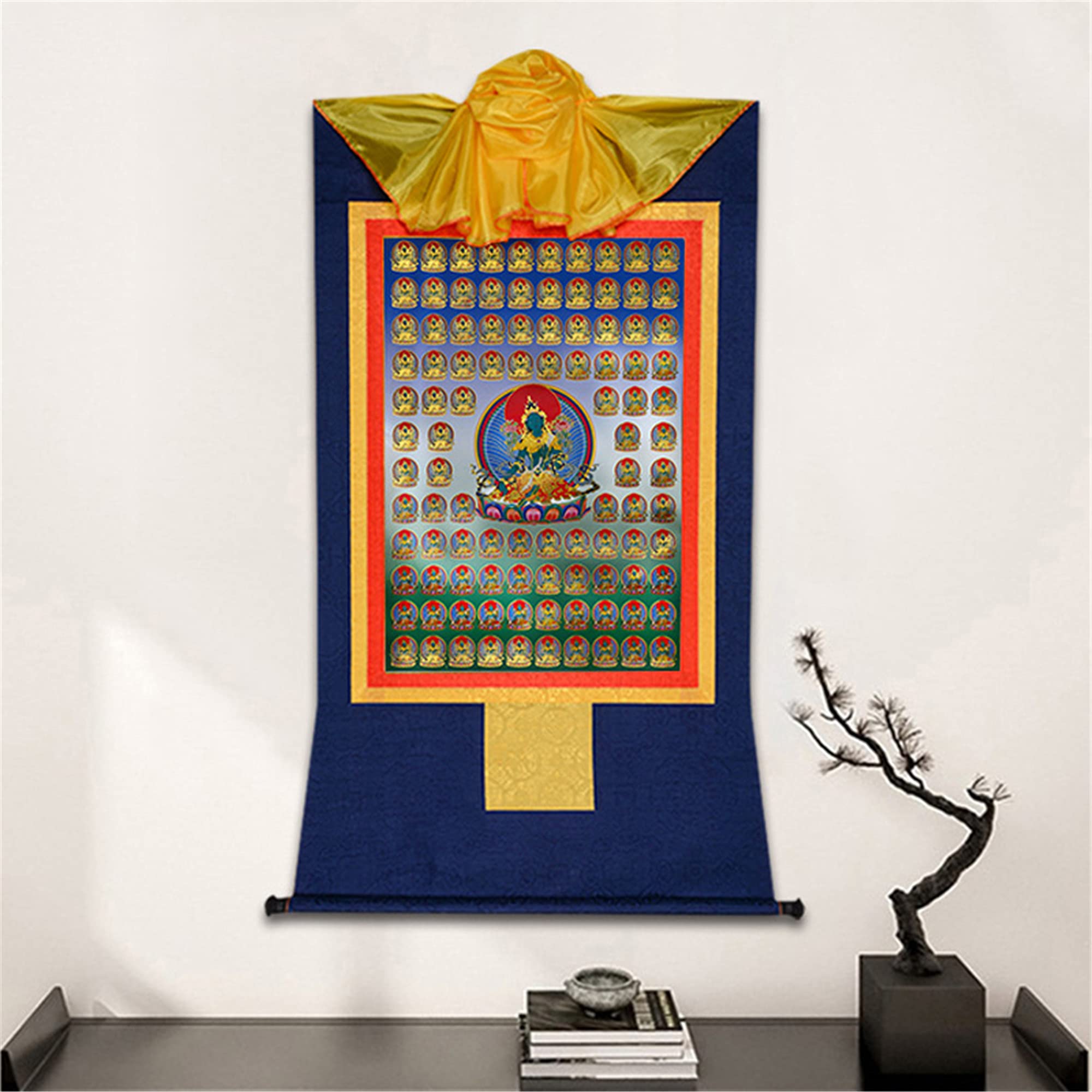 Gandhanra Thangka Tibetano - 100 Tara Verde Thangka - Arazzo di Buddha a Stampa Dorata per Decorazione Zen, Meditazione, Rilassamento Spirituale e Pace