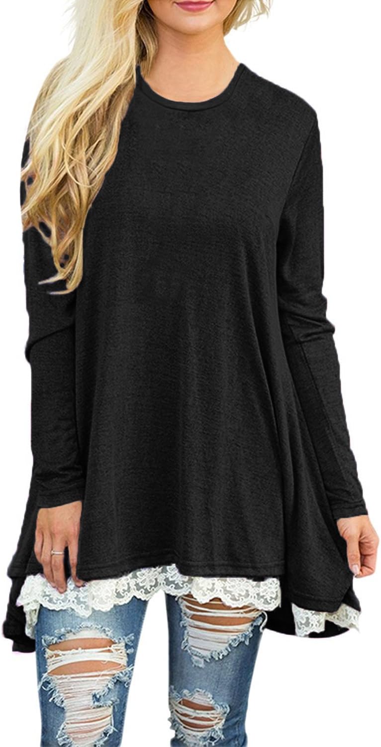 POZON Women's Long Sleeve A-line Lace Stitching Trim Casual Dress (S, P Black Lace)