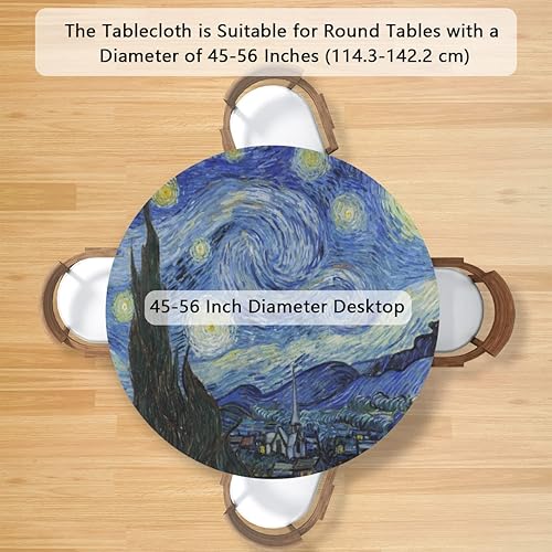 Miniatura 2 de Pardick Mantel redondo ajustable de noche estrellada, mantel redondo Van Gogh Art con bordes elásticos, mantel impermeable lavable para mesas de