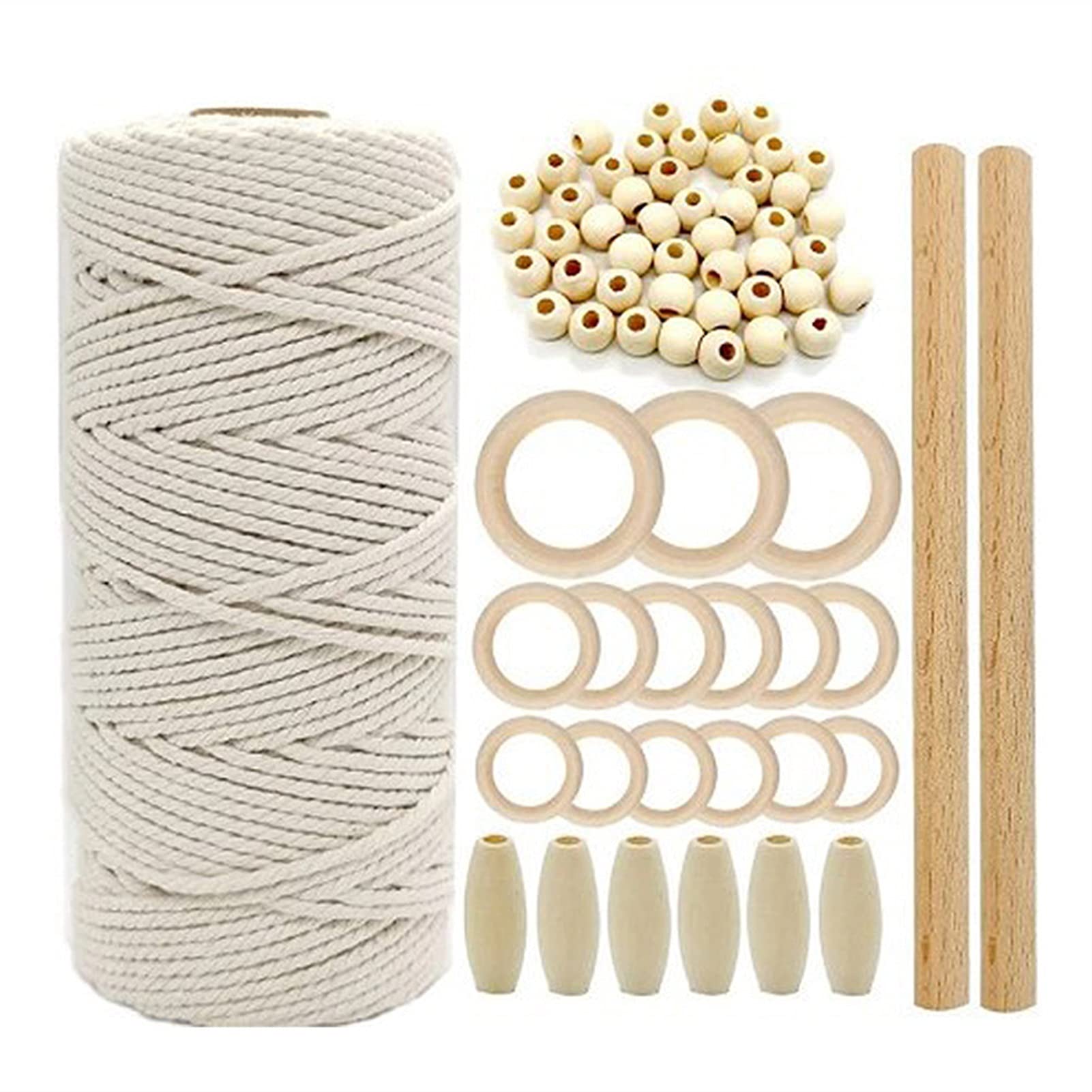 Kit Macramè Filato di cotone naturale del cavo di macrame del mestiere di legno con i perline degli anelli del bastone di legno for Fai da te Decorazione della parete del kit macrame della maglia dell