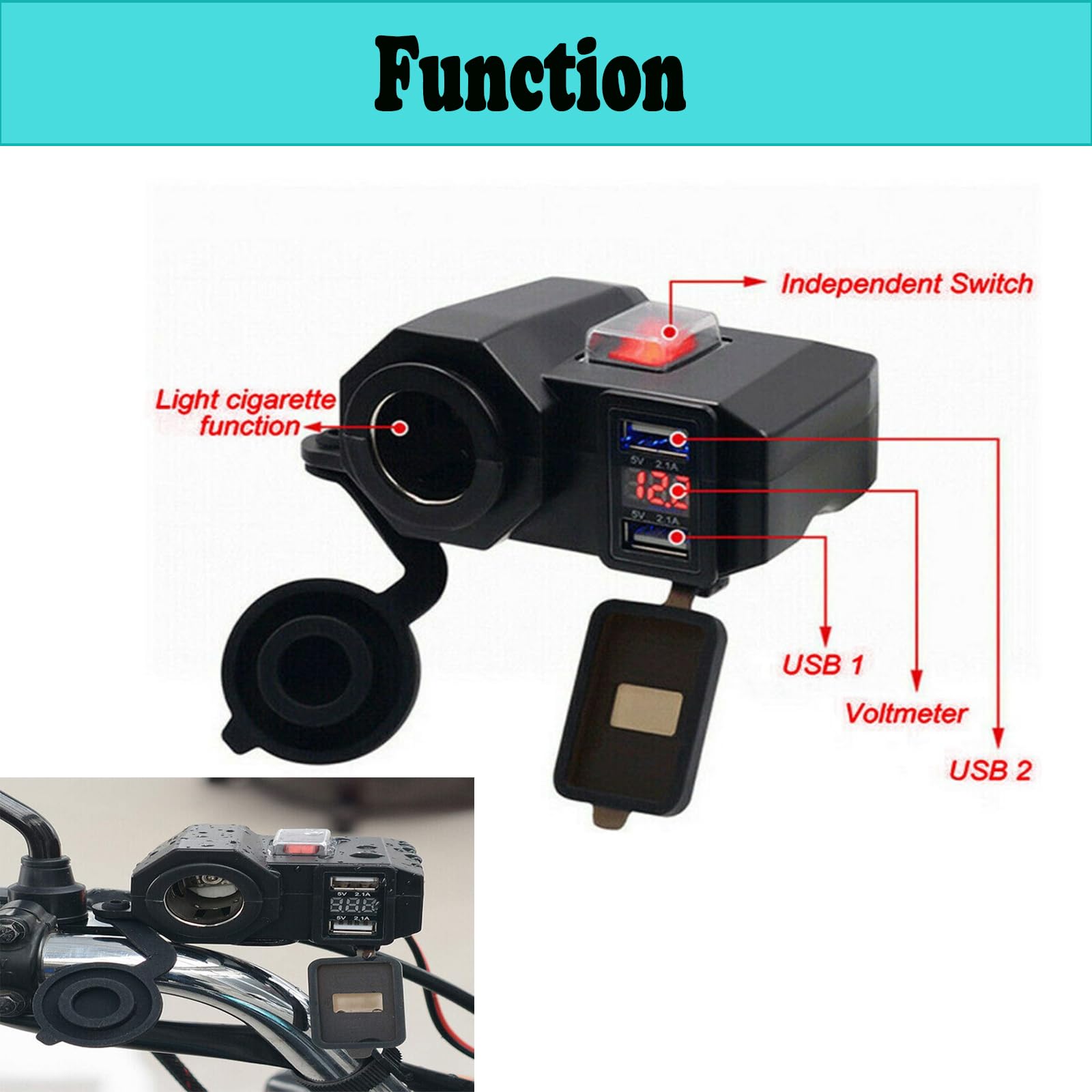 Accendisigari per moto, impermeabile, 12 V/24 V, presa USB, presa per moto, con due porte USB per moto, impermeabile, caricabatteria da auto da incasso (A)