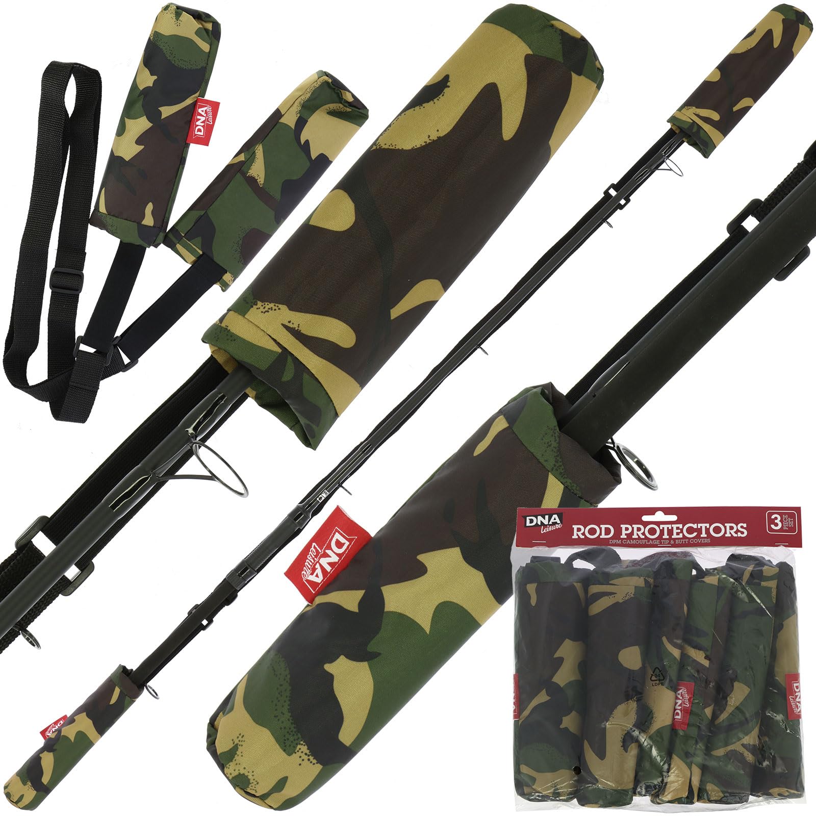 DNA Leisure Tip & Butt Fishing Rod Protectors 3 Piece Set Elasticated DPM Camo Rod Sleeves Fishing Rod Tip Protector Butt Sleeve Carp Coarse Fishing Storage Transport Tackle Accessory