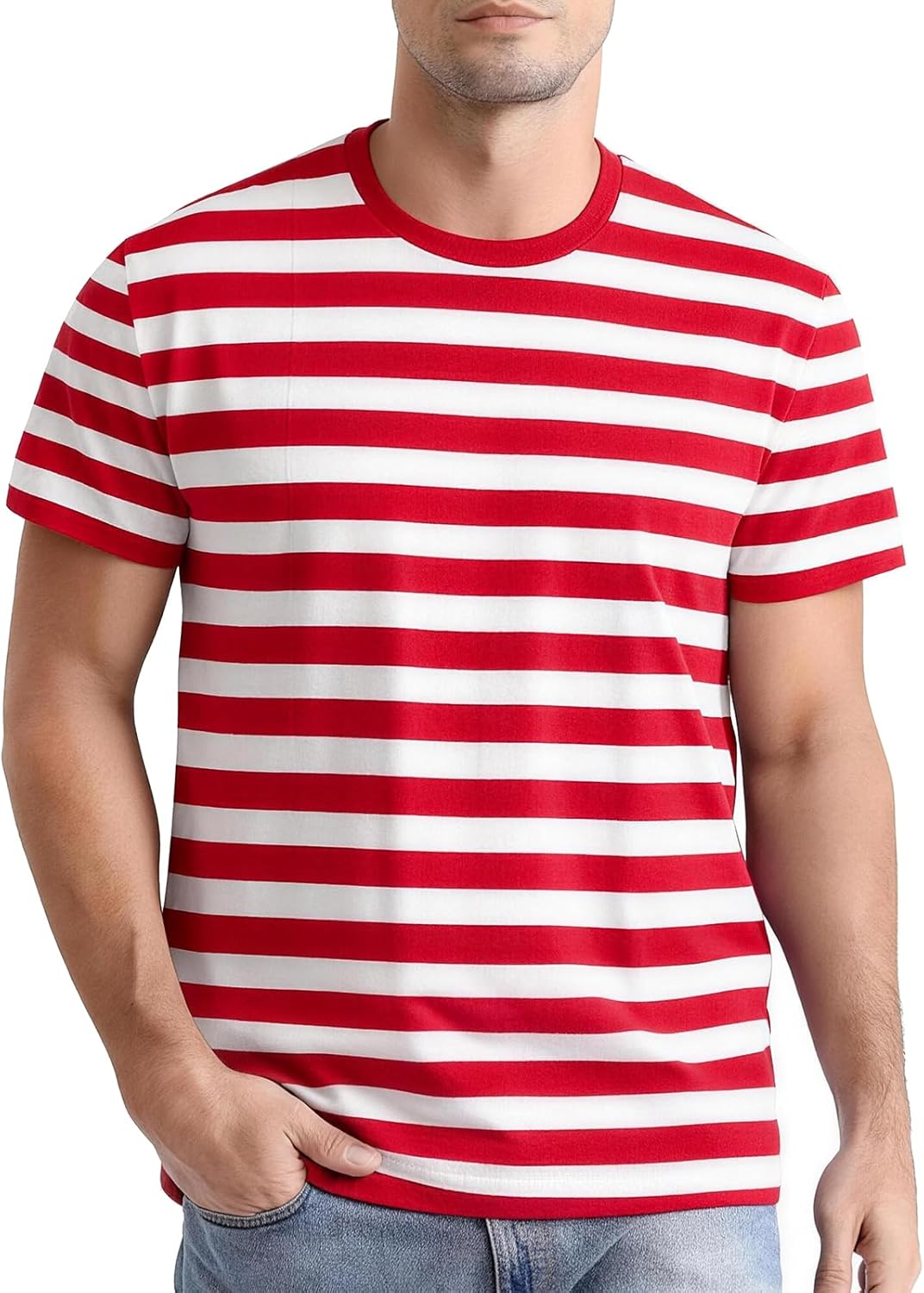 Funny World Men's Casual Cotton Striped T-Shirts Short Sleeve Crewneck Basic Tee